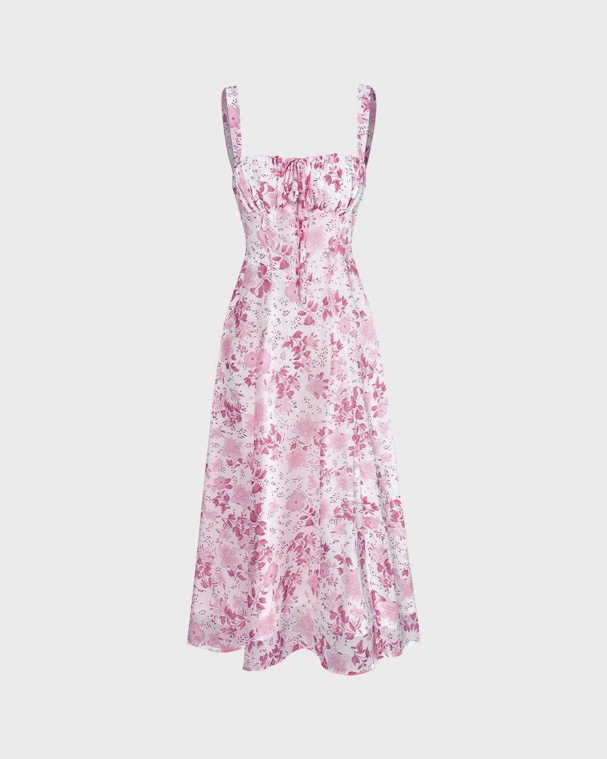 The Pink Square Neck Floral Ruched Midi Dress Product Image