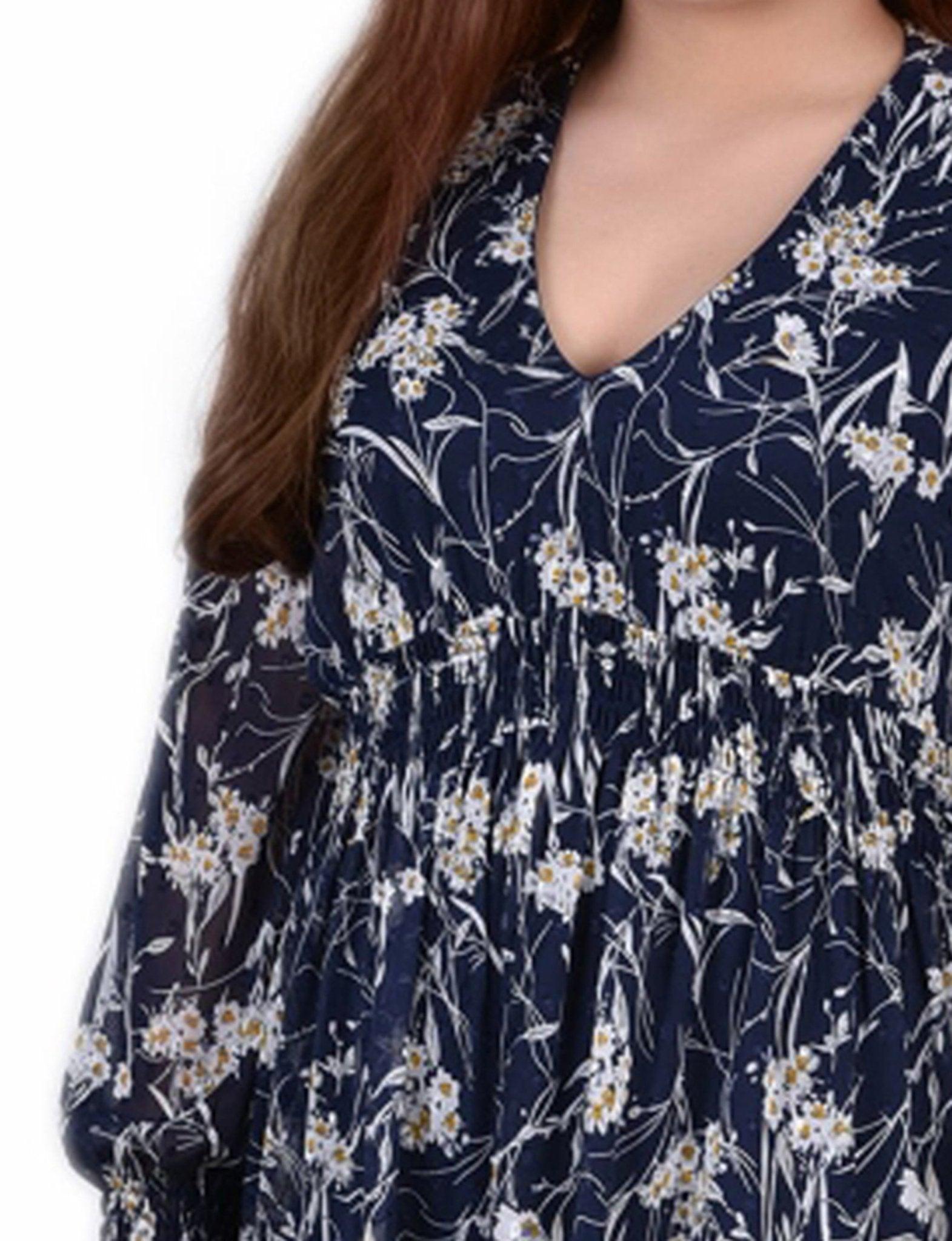 Navy Floral Long Sleeve Clip Dot Chiffon Dress With Smocked Waist and Cuffs - Plus Product Image