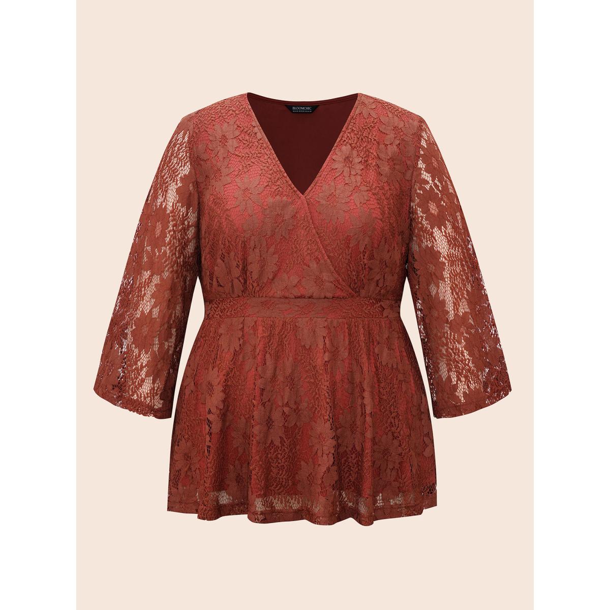 Plus Size Russet Crochet Lace Mesh Bell Sleeve Blouse Women Elegant Long Sleeve Overlap Collar Everyday Blouses BloomChic 10/M Product Image
