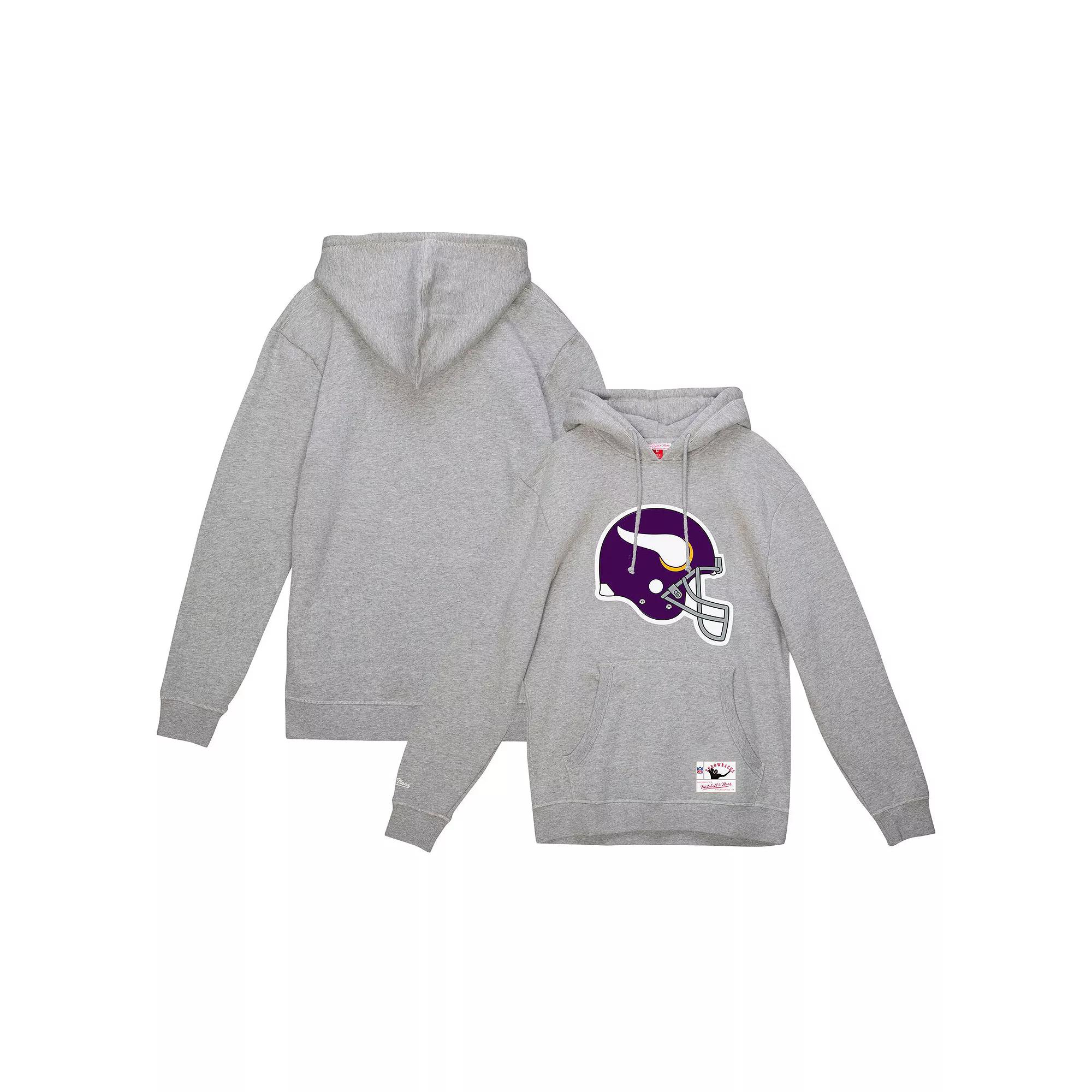 Men's Mitchell & Ness Heather Gray Minnesota Vikings Helmet Logo Vintage Pullover Hoodie, Size: Small, Grey Product Image