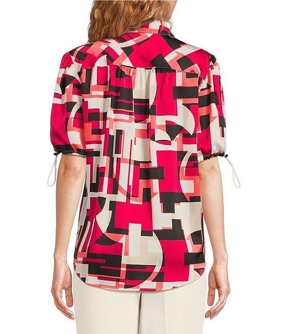 KARL LAGERFELD PARIS Satin Back Crepe-De-Chine Geometric Print Point Collar Short Sleeve Button Front Top Product Image