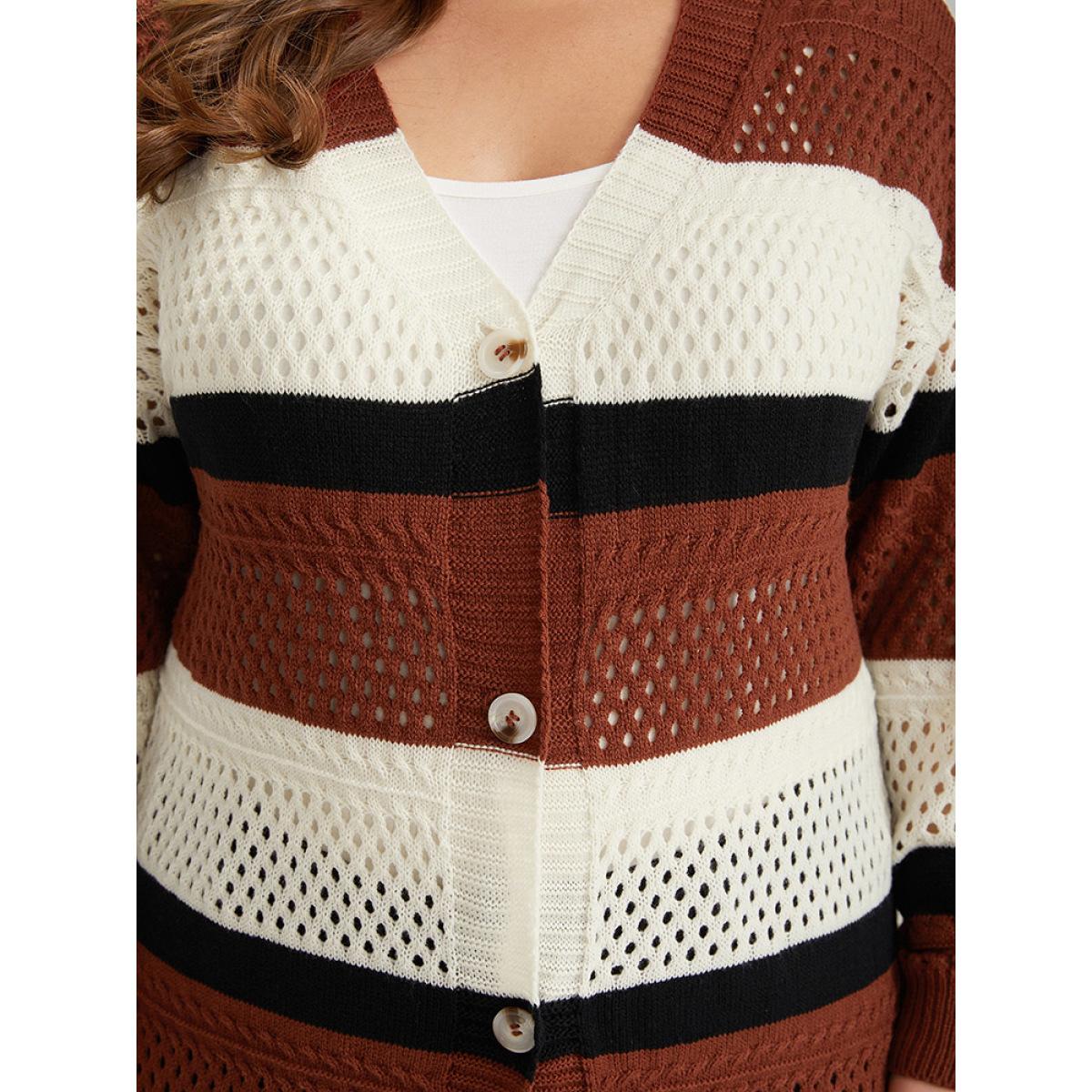 Plus Size Colorblock Contrast Geo Eyelet Button Through Cardigan Rust Women Casual Loose Long Sleeve Dailywear Cardigans BloomChic 14-16/1X Product Image