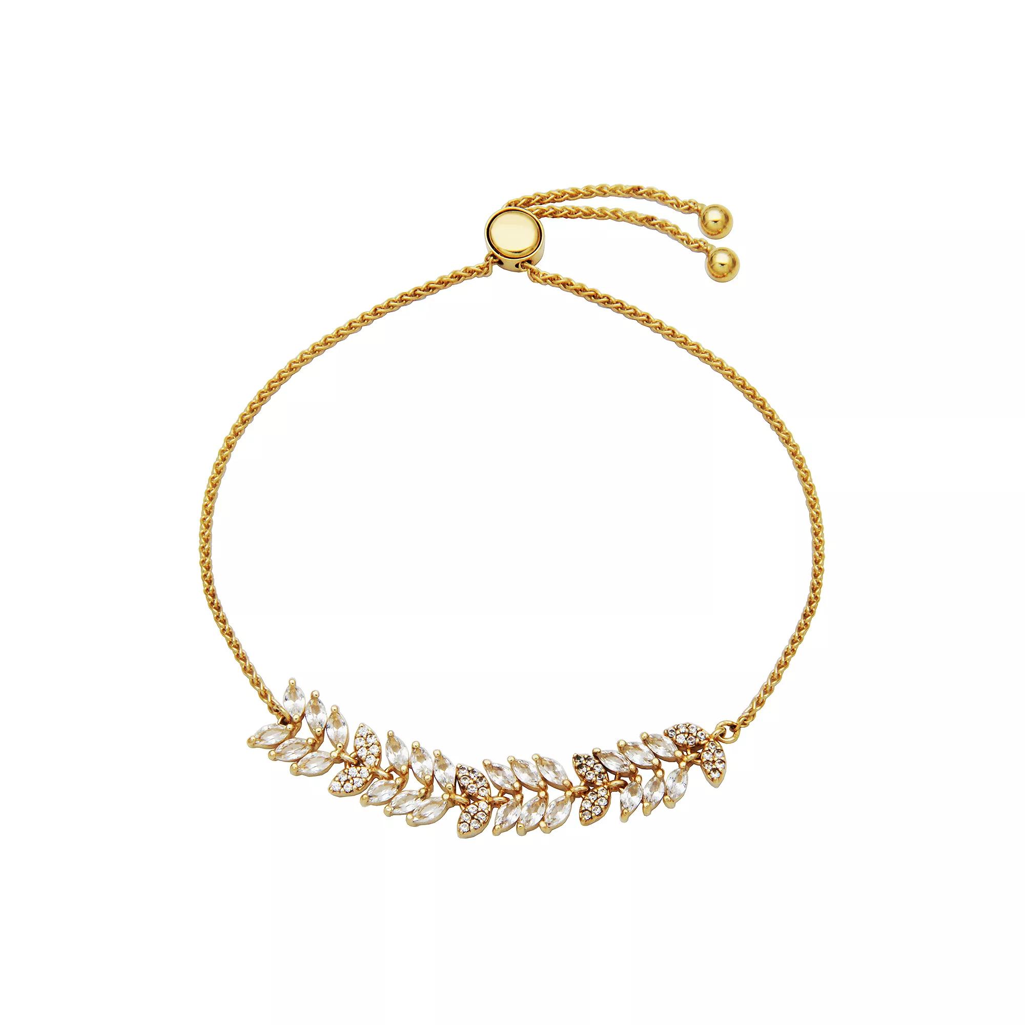 18k Gold Over Silver Lab-Created White Sapphire Leaf Adjustable Bracelet, Women's, Size: 9", Gold Tone Product Image