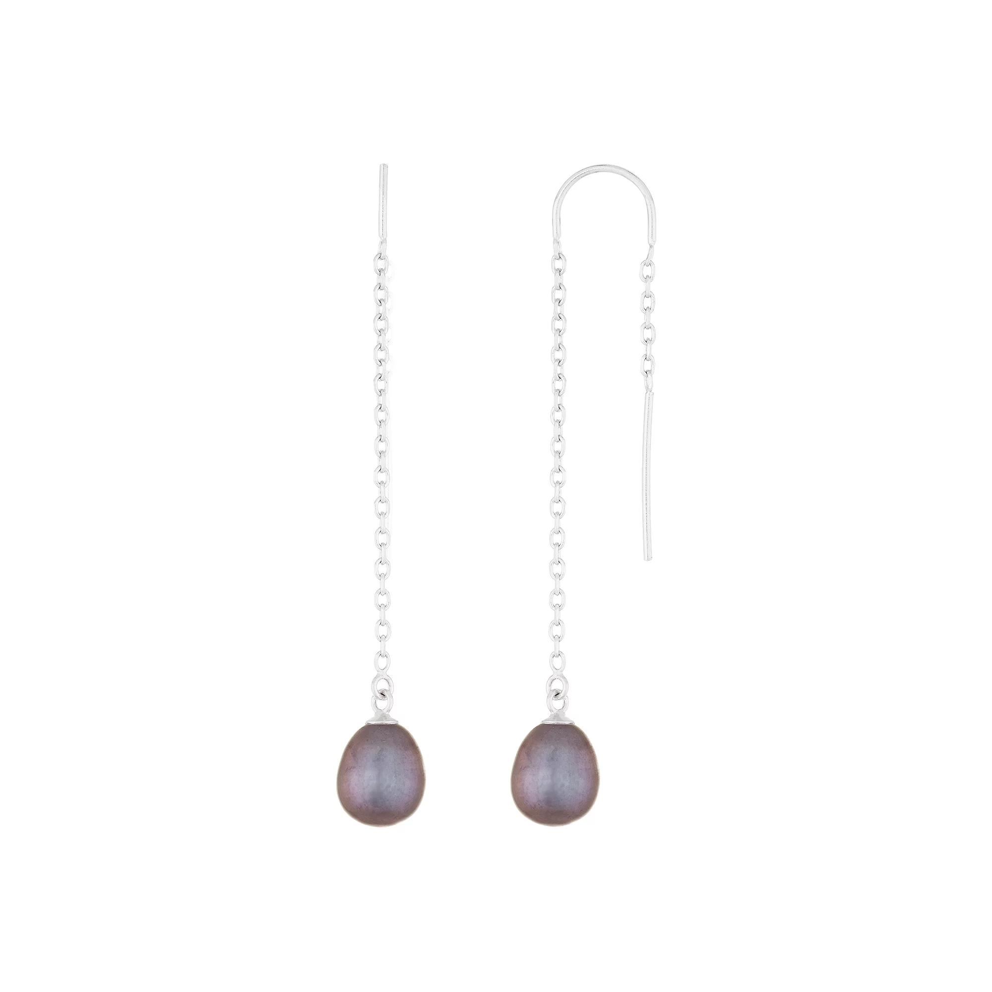 Sterling Silver Freshwater Cultured Pearl Threader Earrings, Women's, Black Product Image