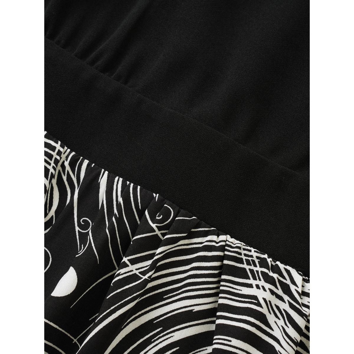 Plus Size Figurative Print Patchwork Pleated Square Neck Dress Black Women At the Office Gathered Square Neck Short sleeve Curvy Midi Dress BloomChic 14-16/1X Product Image