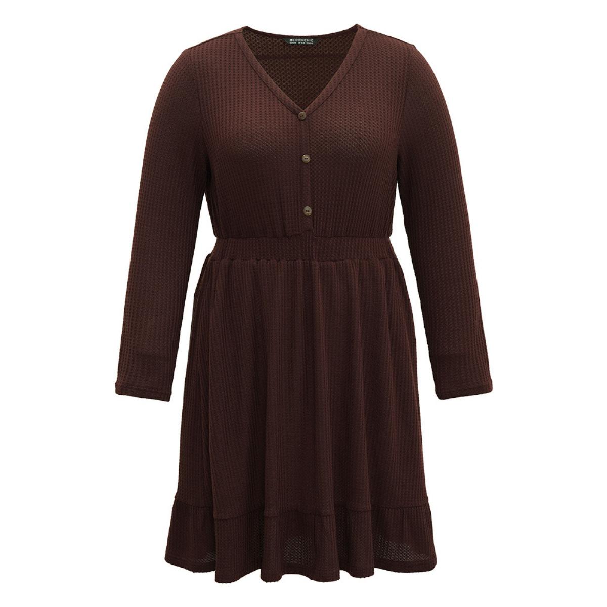Plus Size Waffle Knit Button Up Elastic Waist Dress DarkBrown Women Casual Plain V-neck Long Sleeve Curvy Knee Dress BloomChic 22-24/3X Product Image