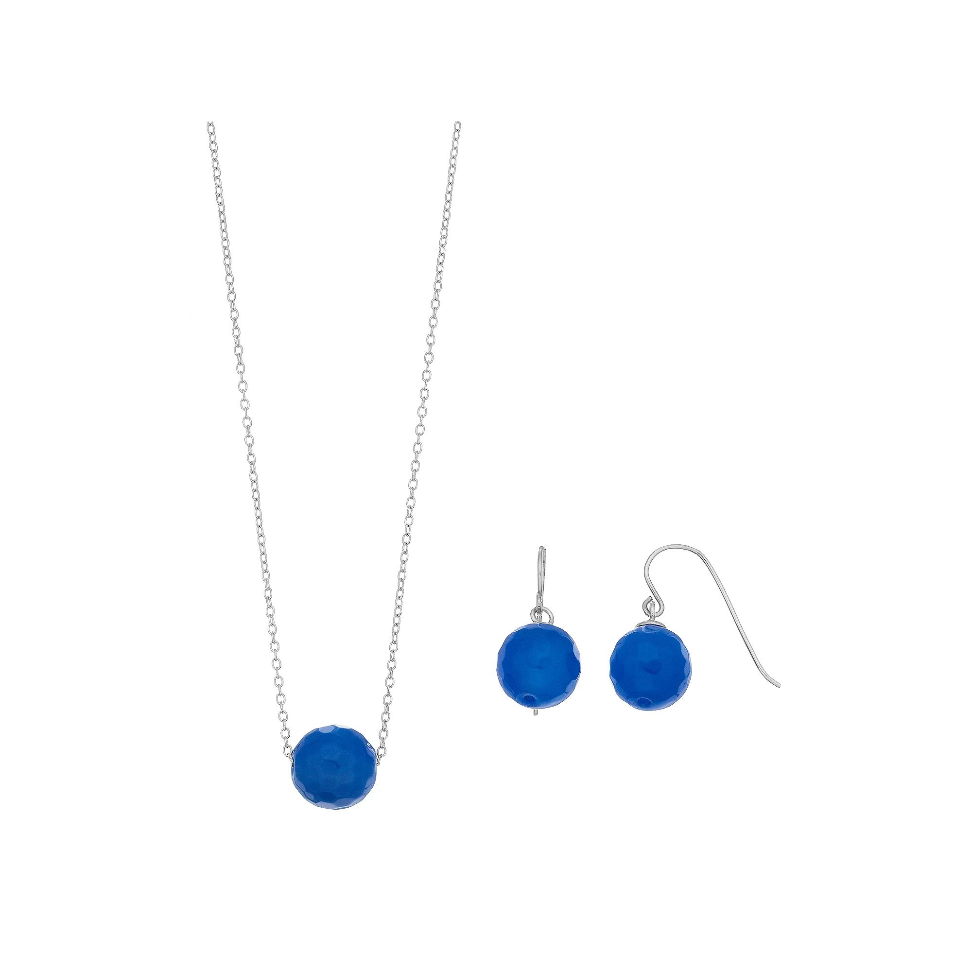 Sterling Silver Agate Bead Necklace & Earring Set, Women's, Blue Product Image