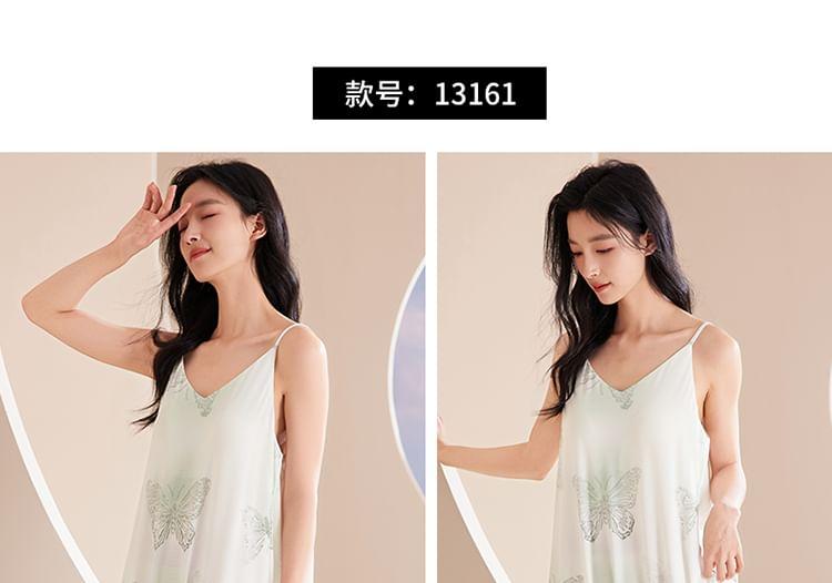 Spaghetti Strap Padded Butterfly Print Midi Pajama Dress Product Image
