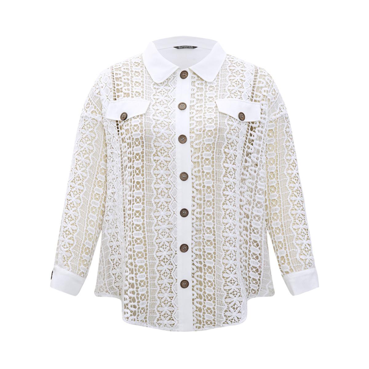 Plus Size Plain Cut Out Lace Patchwork Button Through Jacket Women White Casual Patchwork Ladies Dailywear Winter Coats BloomChic 10/M Product Image