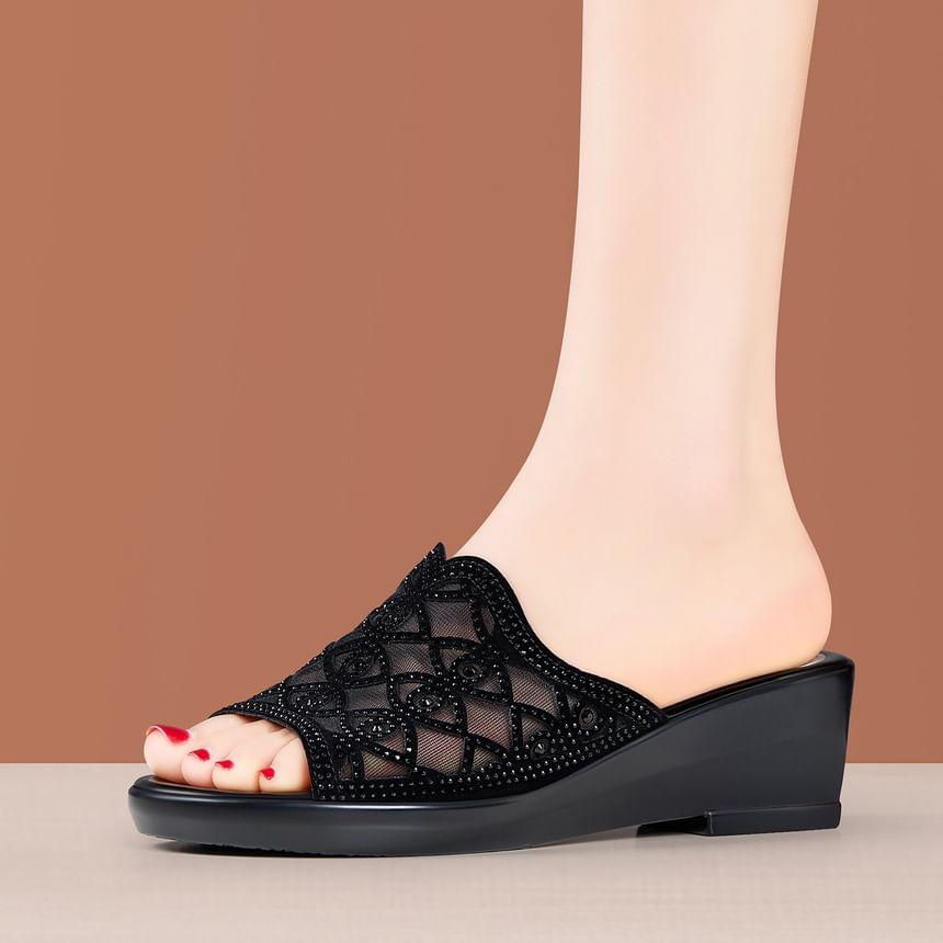 Rhinestone Eye Mesh Wedge Slide Sandals Product Image