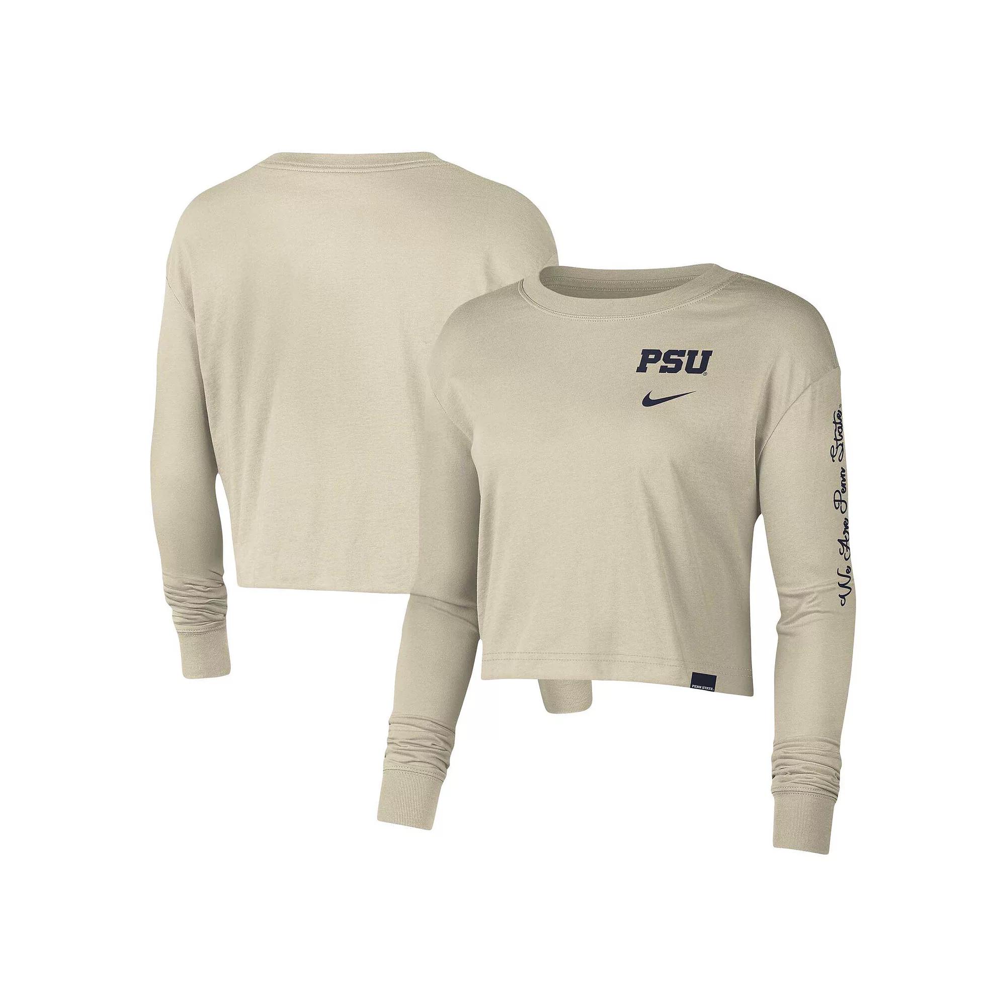 Women's Nike Cream Penn State Nittany Lions Varsity Letter Long Sleeve Crop Top, Size: 2XL, Beige Product Image