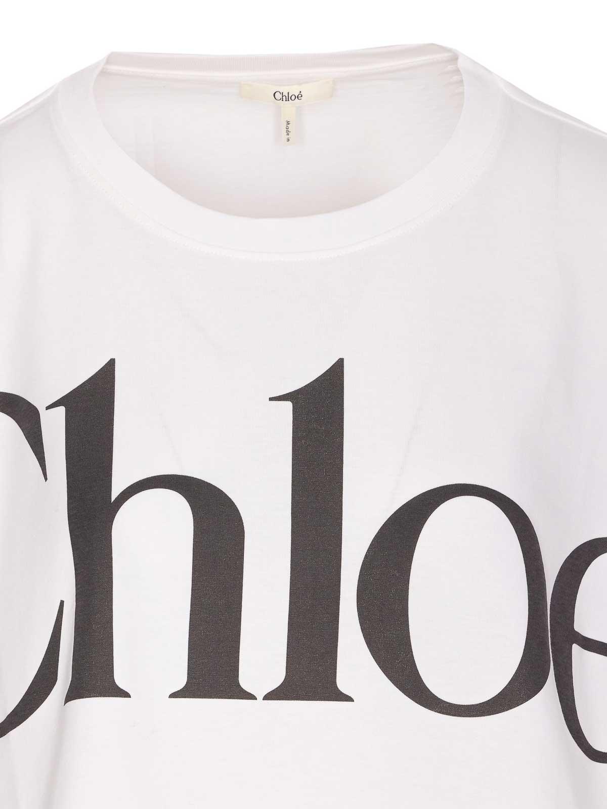CHLOÉ White Cropped Crewneck T-shirt With Maxi Logo Print On The Front In Cotton Woman In Multicolor Product Image