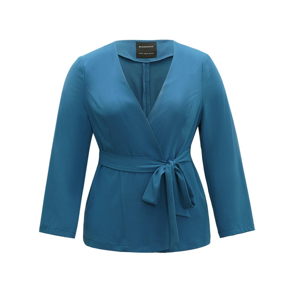 Plus Size Solid Belted Knot Blazer Cerulean Women Dailywear Plain Plain Sleeve Long Sleeve Open Front 22-24/3X Belt Casual Blazers BloomChic Product Image