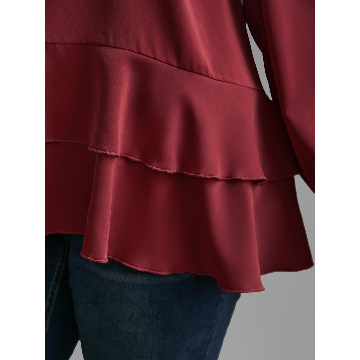 Plus Size Scarlet Plain Tiered Ruffle Hem Lantern Sleeve Blouse Women Elegant Long Sleeve Round Neck Everyday Blouses BloomChic 18-20/2X Product Image