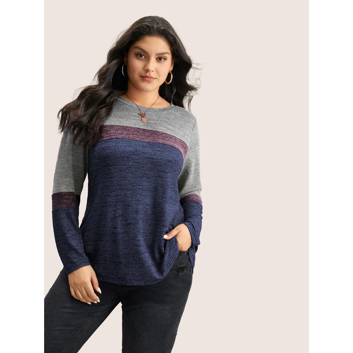 Plus Size Heather Colorblock Contrast Crew Neck T-shirt Blue Women Casual Texture Plain Round Neck Everyday T-shirts BloomChic 14-16/1X Product Image