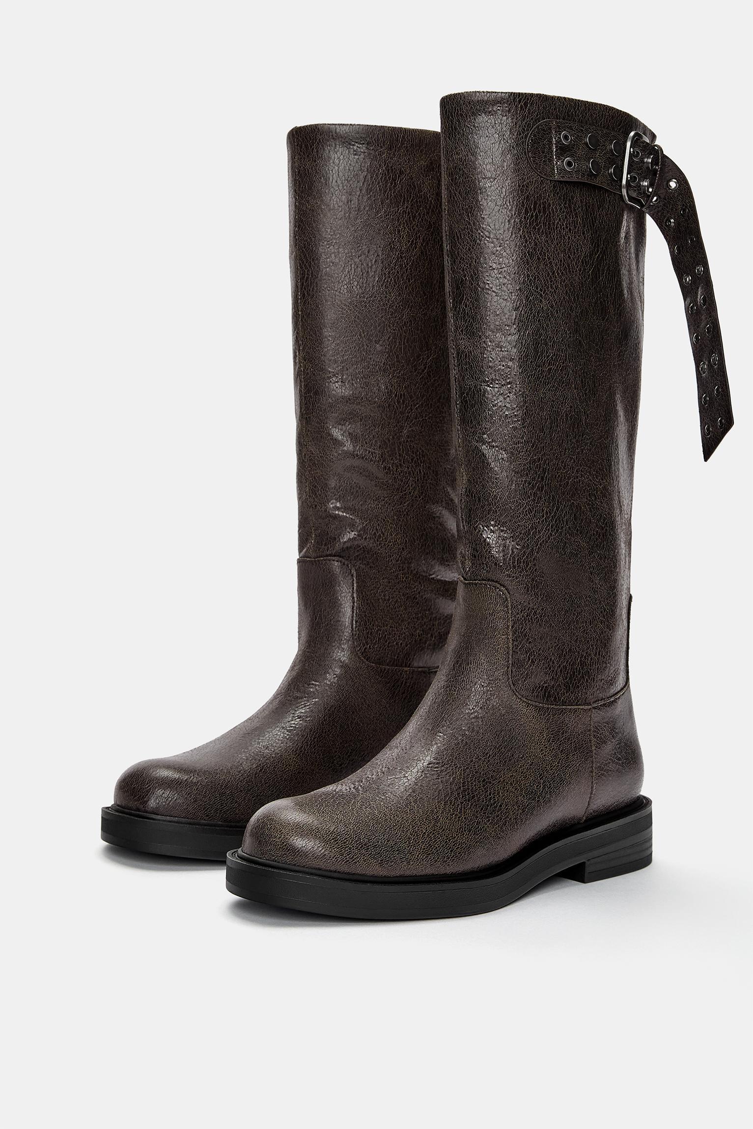Flat knee-high boots with buckle Product Image