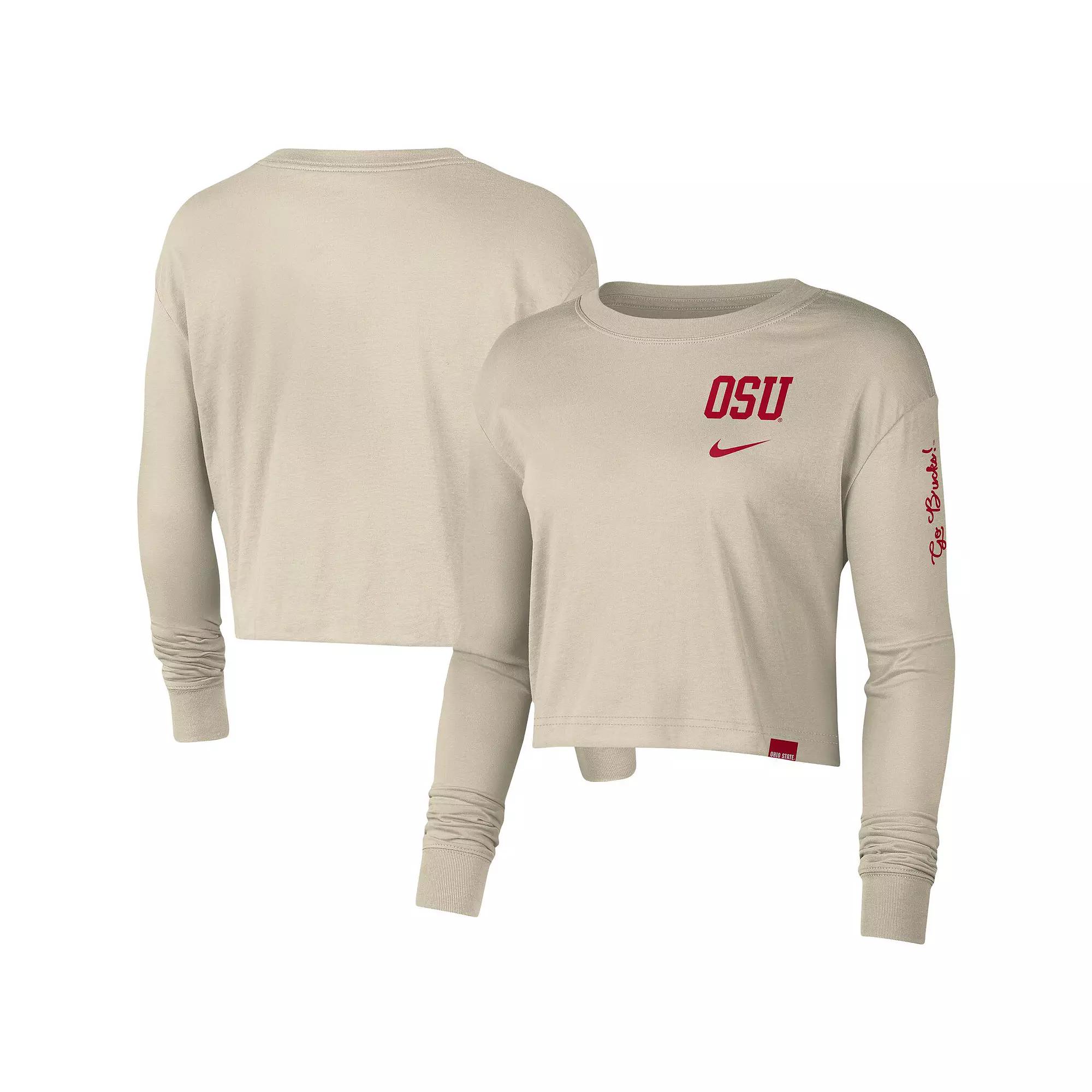Women's Nike Cream Ohio State Buckeyes Varsity Letter Long Sleeve Crop Top,  Product Image