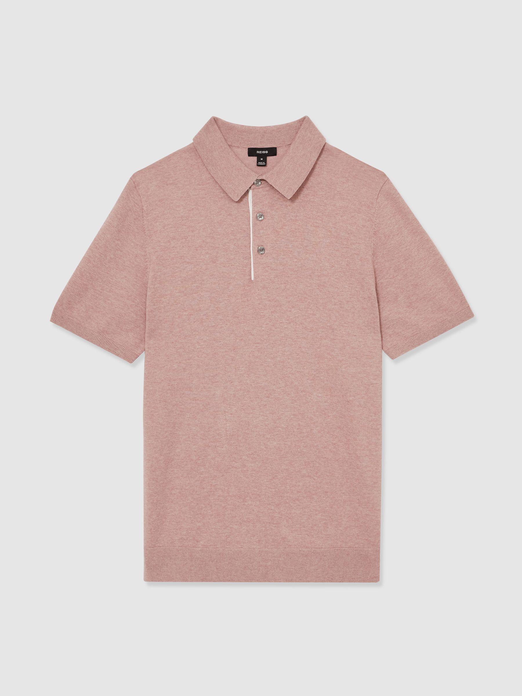 Contrast-Placket Polo Shirt With Cotton in Soft Pink Product Image
