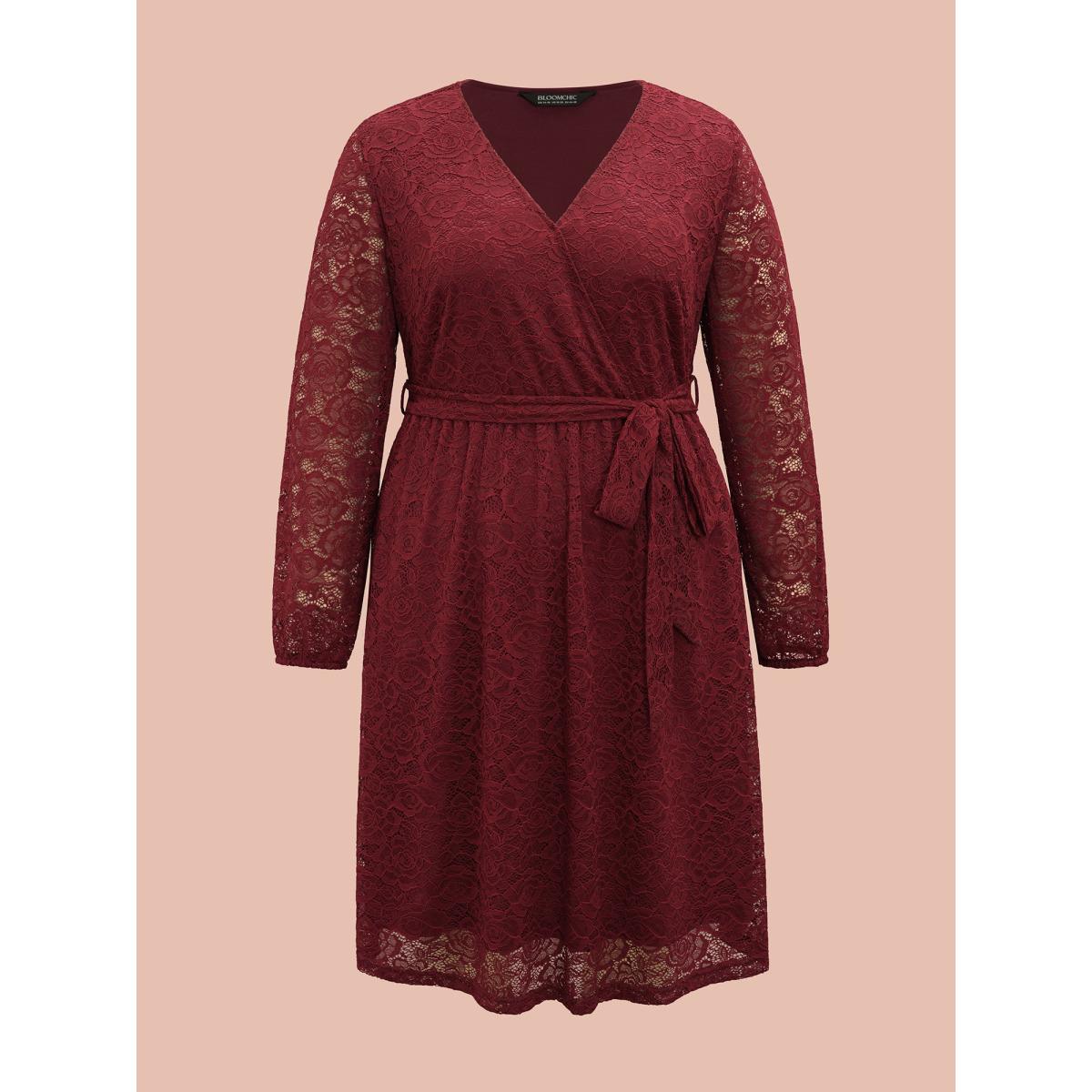 Plus Size Crochet Lace Mesh Surplice Neck Belted Dress Burgundy Women Elegant Texture Party Curvy Bloomchic 14-16/1X Product Image