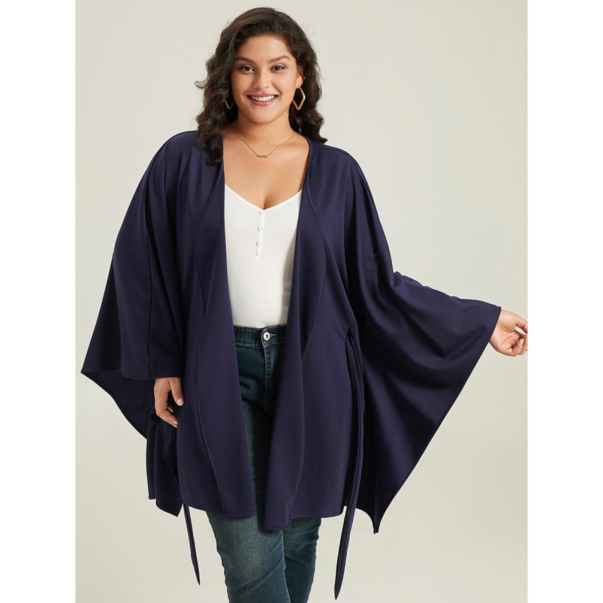 Plus Size Plain Drape Surplice Neck Belted Kimono Women Indigo Casual Drape Loose Belt Everyday Kimonos BloomChic 12/L Product Image