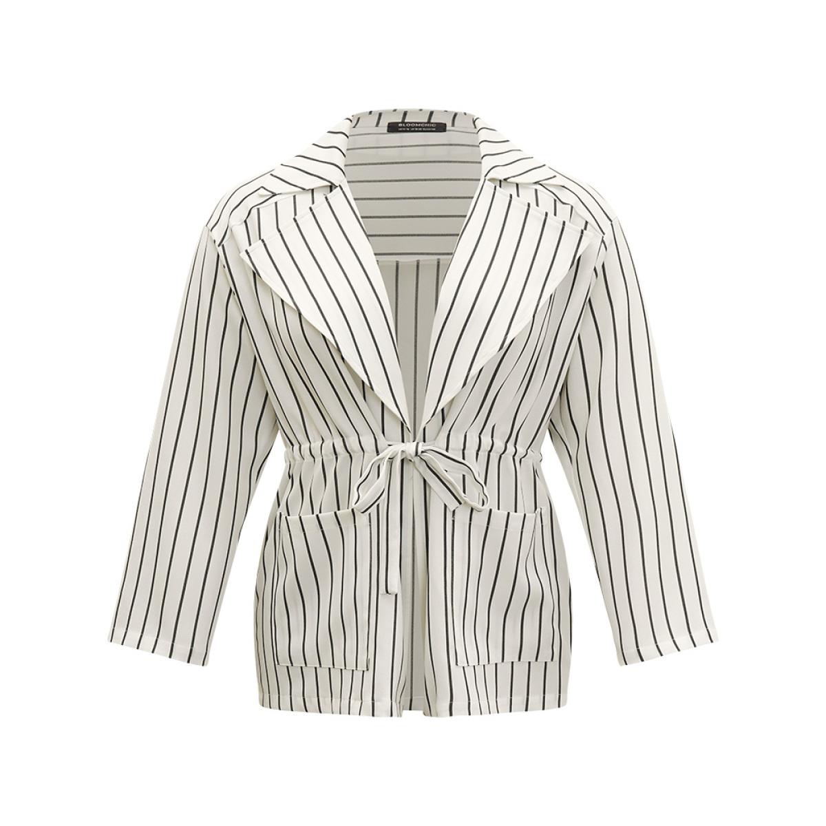 Plus Size Striped Suit Collar Drawstring Patched Pocket Coat Women White Casual Knotted Ladies Everyday Winter Coats BloomChic 14-16/1X Product Image