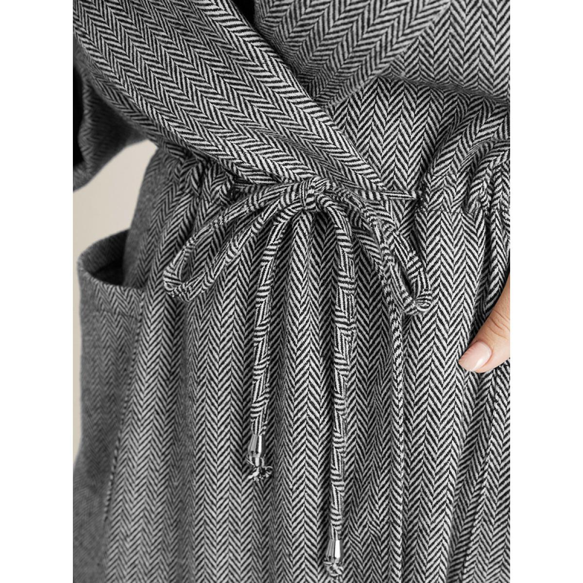 Plus Size Chevron Pattern Pocket Split Hem Drawstring Coat Women Black At the Office Drawstring Ladies Office Winter Coats BloomChic 14-16/1X Product Image