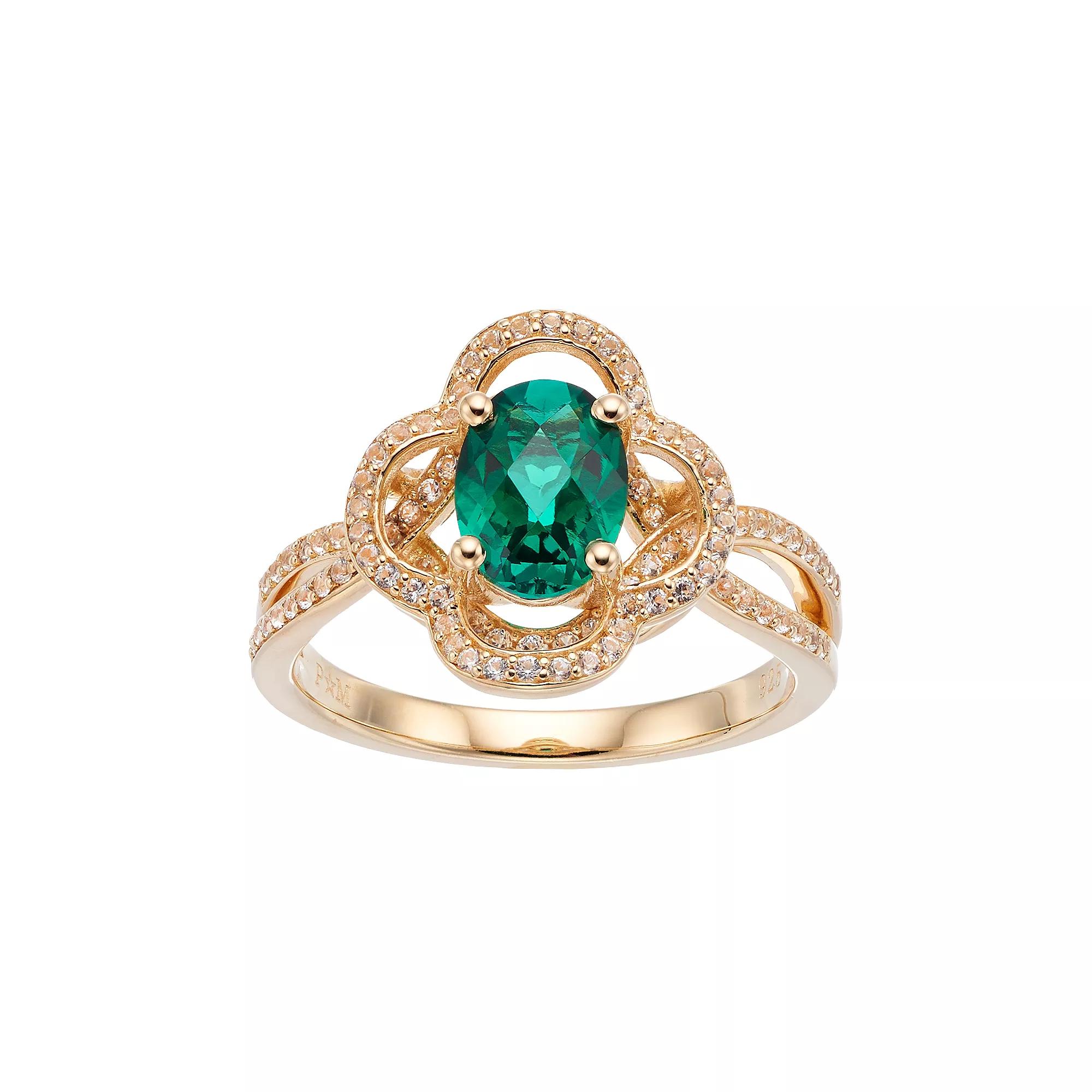 14k Gold Over Silver Lab-Created Emerald & White Sapphire Flower Ring, Womens Gold Tone Product Image