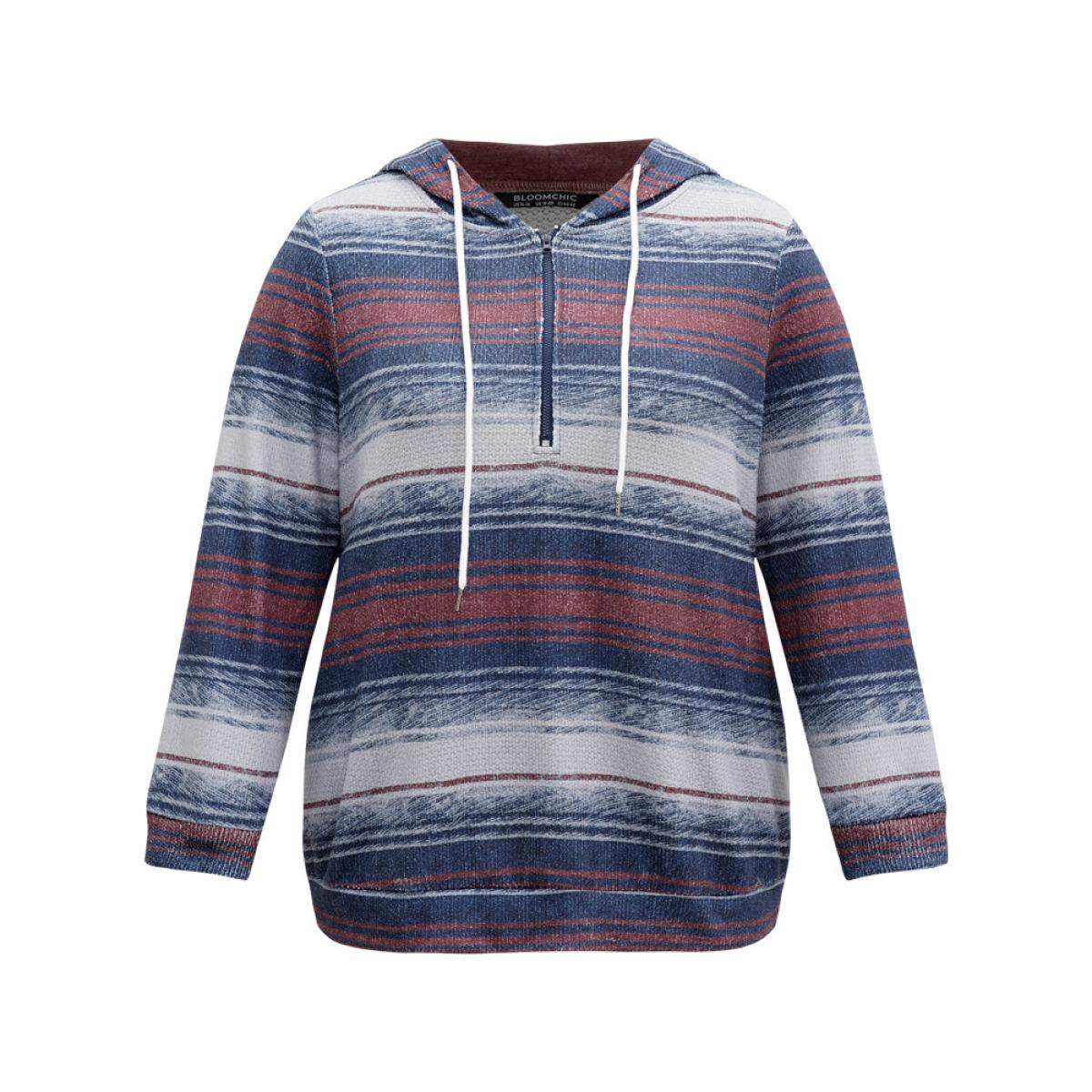 Plus Size Colour Striped Hooded Pocket Half Zip Sweatshirt Women Indigo Casual Contrast Hooded Dailywear Sweatshirts BloomChic 30/6X Product Image