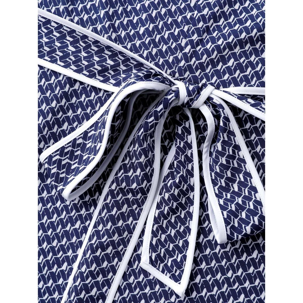 Plus Size Micro Geometric Print Waist-Tie Maxi Dress Navy Women Office Notched collar Long Sleeve Curvy BloomChic 30/6X Product Image