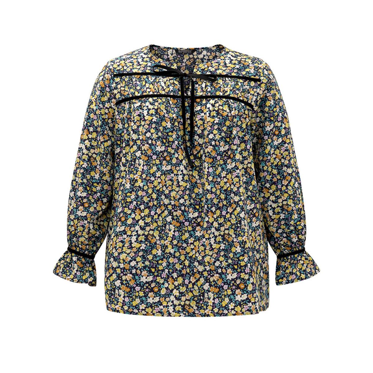 Plus Size Indigo Ditsy Floral Ties Contrast Trim Blouse Women Elegant Long Sleeve Tie Neck Dailywear Blouses BloomChic 30/6X Product Image