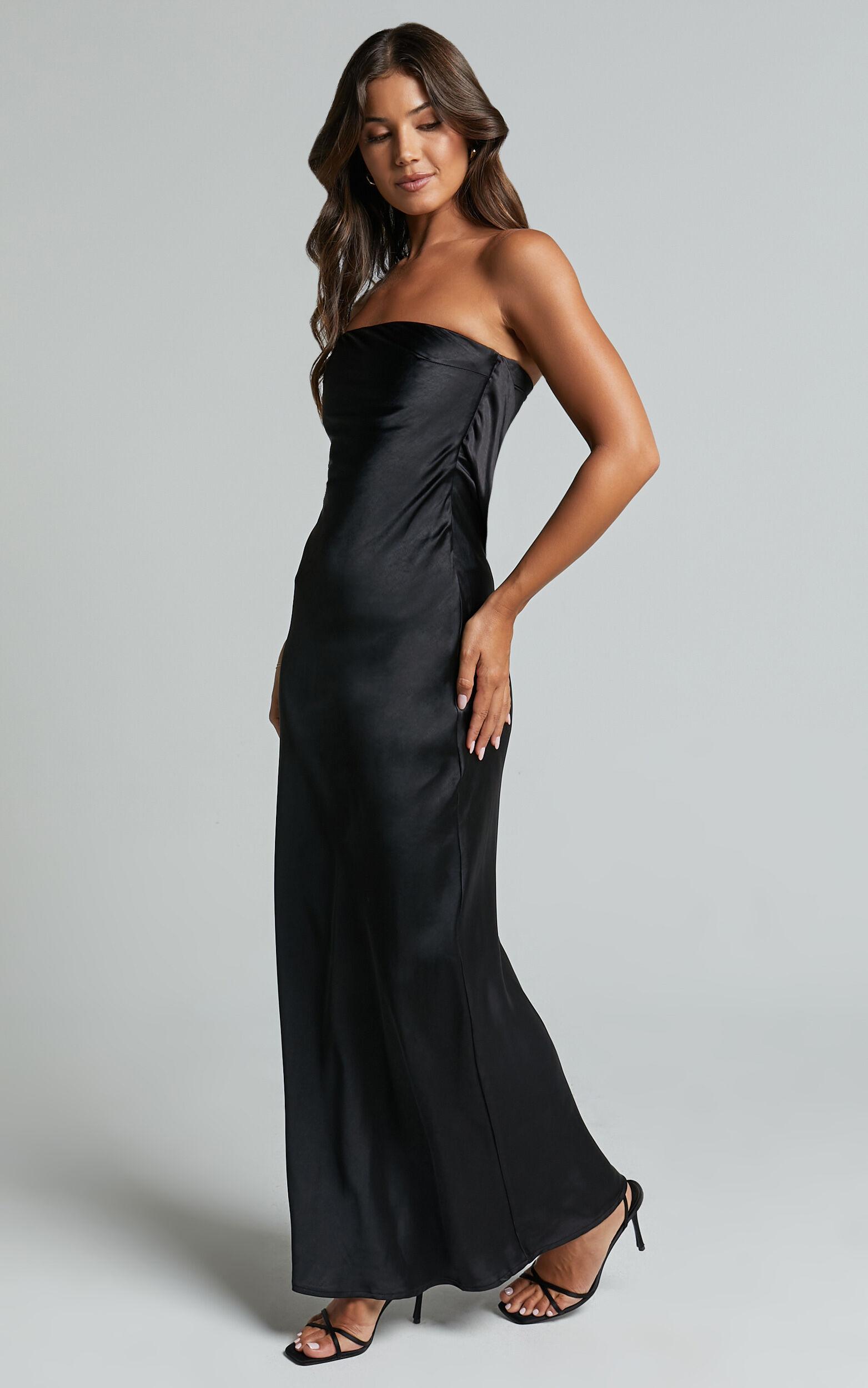 Charlita Maxi Dress - Strapless Cowl Back Satin Dress in Black Product Image