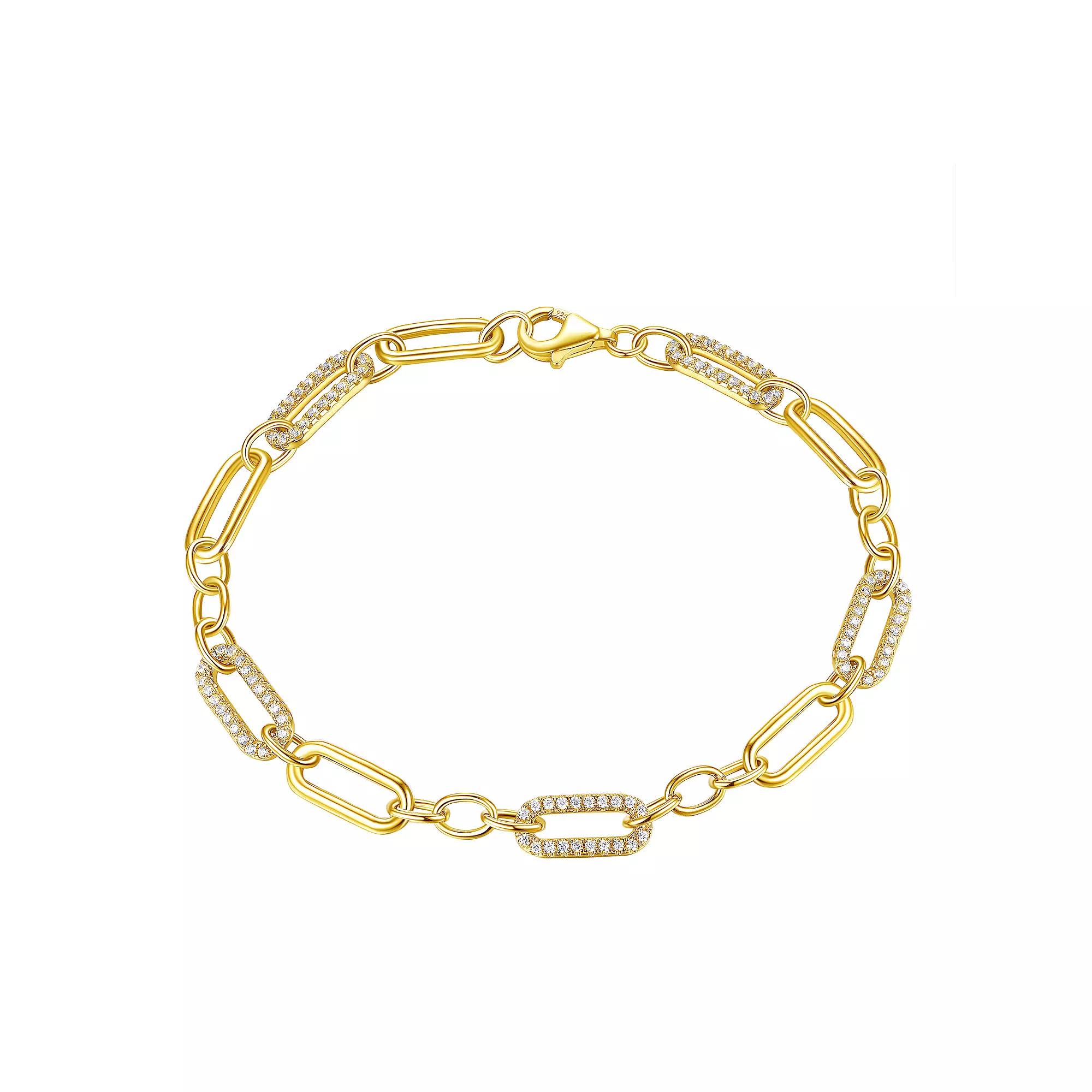 14k Gold Over Silver Cubic Zirconia Link Chain Bracelet - 7.5 in., Women's, Size: 7.5", Sterling Silver Product Image