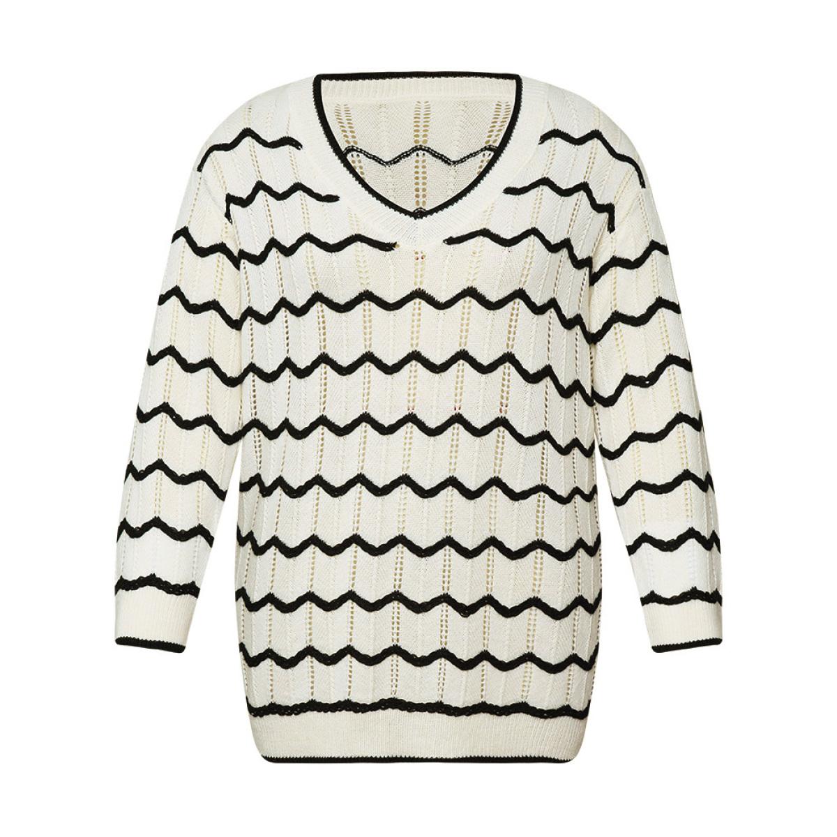 Plus Size Striped Drop Shoulder Cut Out Bodycon Pullover Beige Women Casual Bodycon Long Sleeve V-neck Everyday Pullovers BloomChic 18-20/2X Product Image