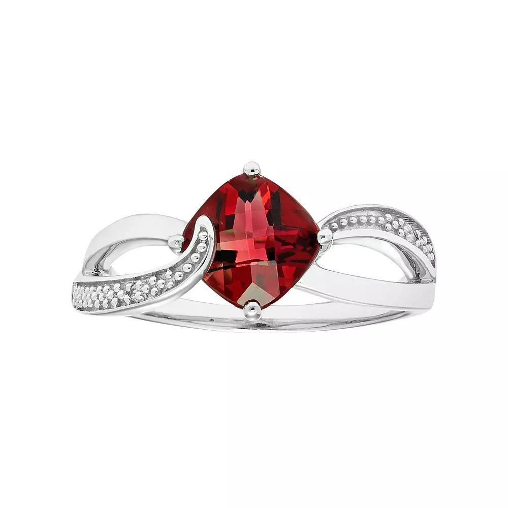 Sterling Silver Garnet & Diamond Accent Cushion Bypass Ring, Women's, Size: 8, Red Product Image
