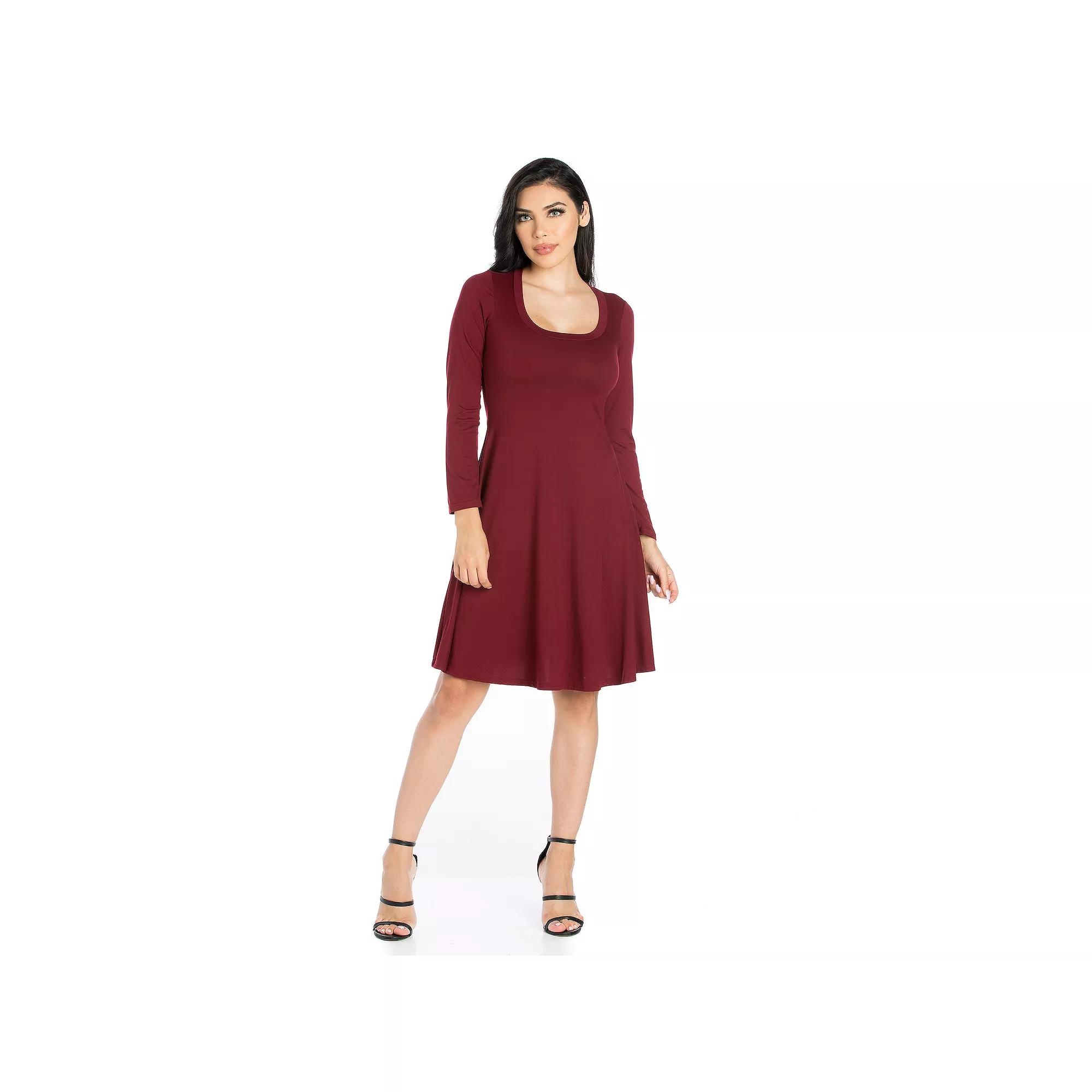 Women's 24seven Comfort Apparel Classic Scoopneck Long Sleeve Flared Mini Dress,  Product Image