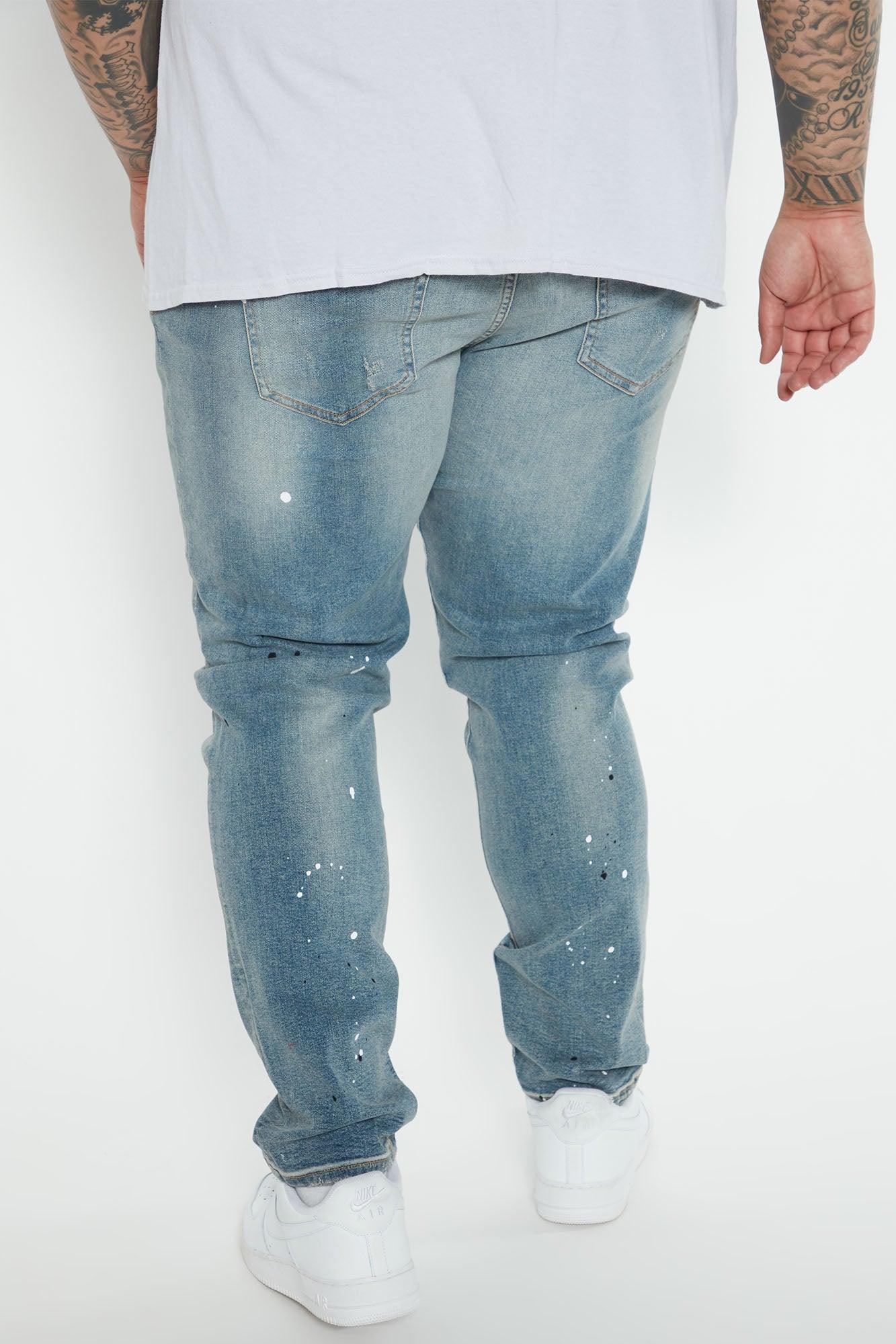Ripped And Bleach Splatter Slim Jeans - Light Blue Wash Product Image