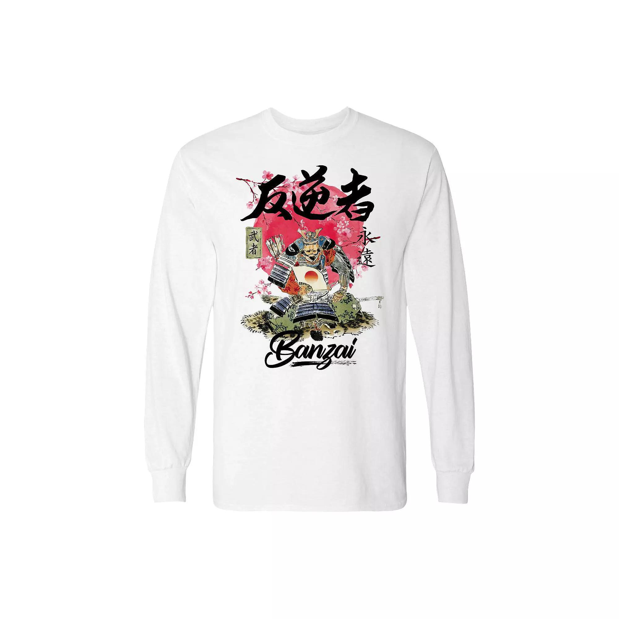 Men's Bonzai Samurai Cherry Blossom Portrait Long Sleeve Graphic Tee, Size: XL, White Product Image