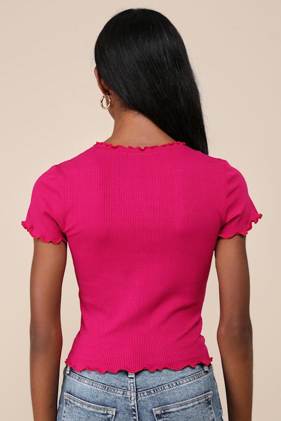 Bold Darling Magenta Ribbed Lettuce Edge Short Sleeve Top Product Image