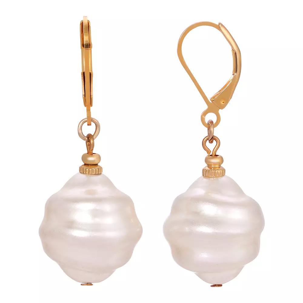 1928 Gold Tone Simulated Pearl Textured Drop Earrings, Women's, White Product Image