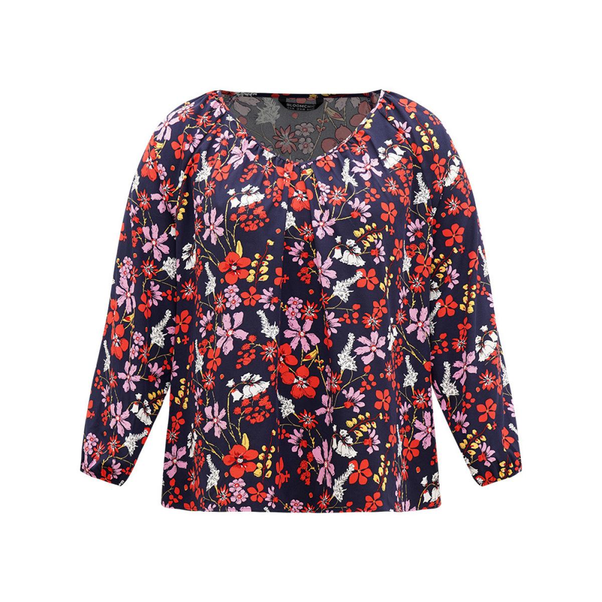 Plus Size Multicolor Floral Print Gathered Lantern Sleeve Blouse Women Elegant Long Sleeve V-neck Dailywear Blouses BloomChic 22-24/3X Product Image
