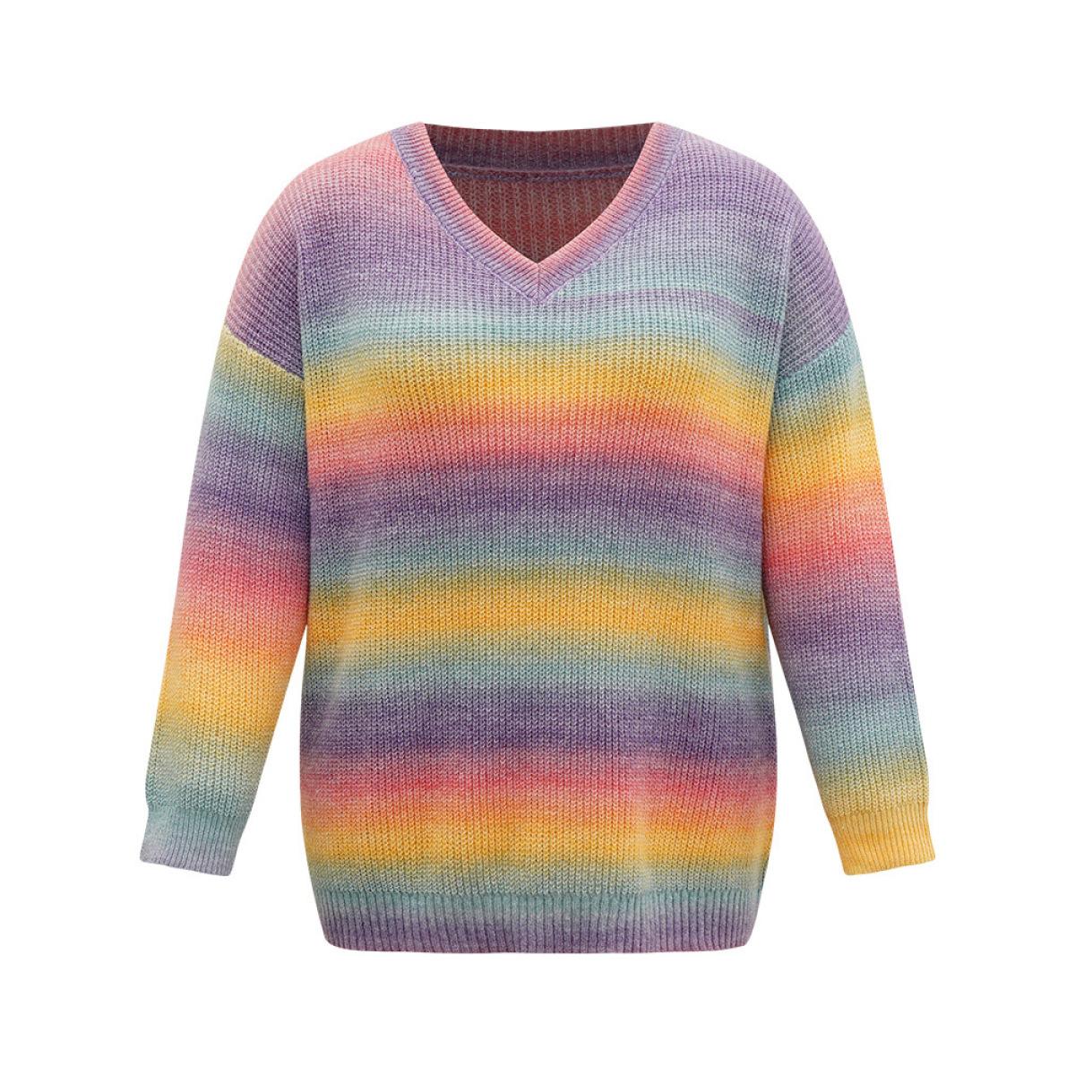 Plus Size Rainbow Ombre V Neck Loose Pullover Multicolor Women Casual Loose Long Sleeve V-neck Everyday Pullovers BloomChic 26/4X Product Image