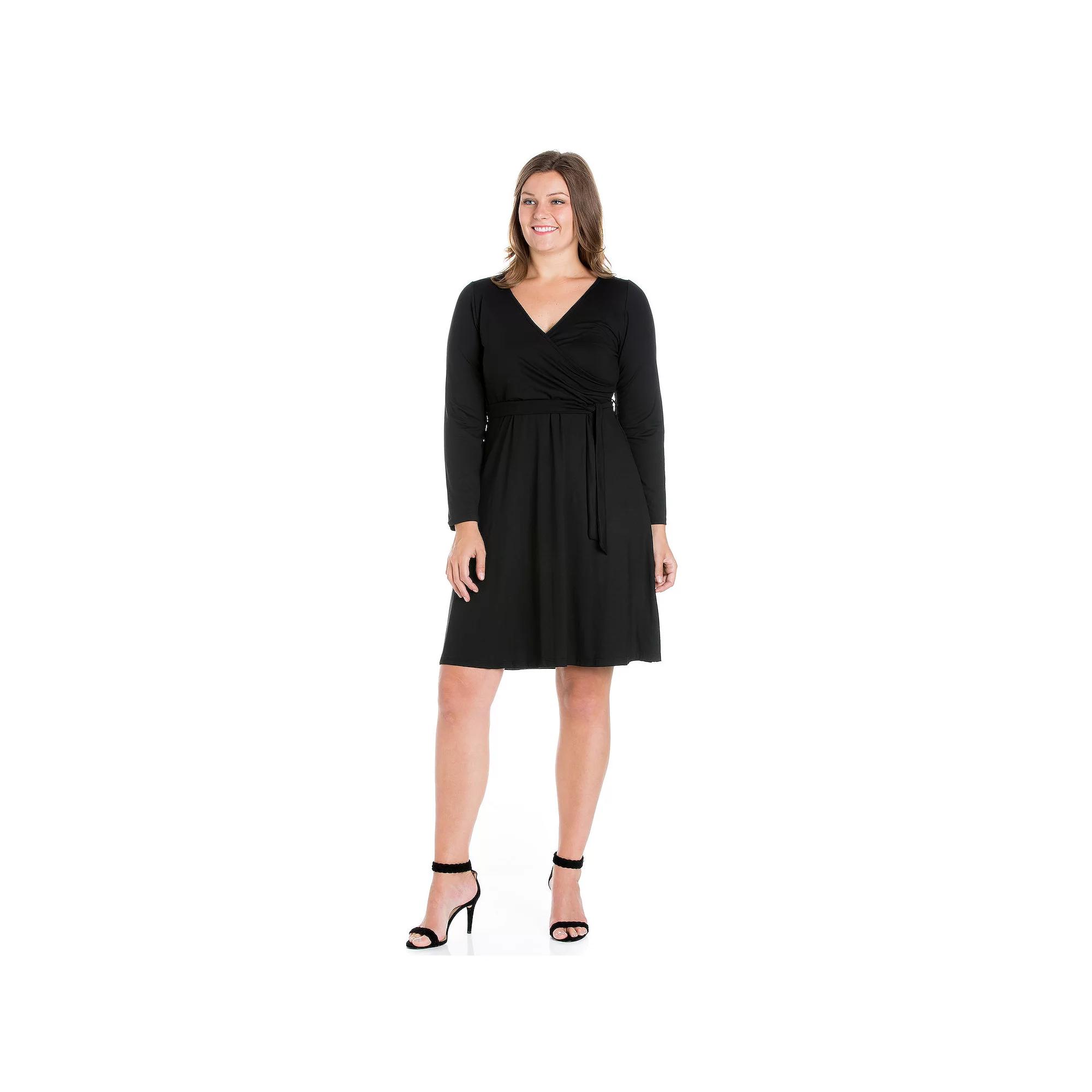 Plus Size 24seven Comfort Apparel Chic V-Neck Long Sleeve Belted Dress, Women's, Size: 3XL, Black Product Image