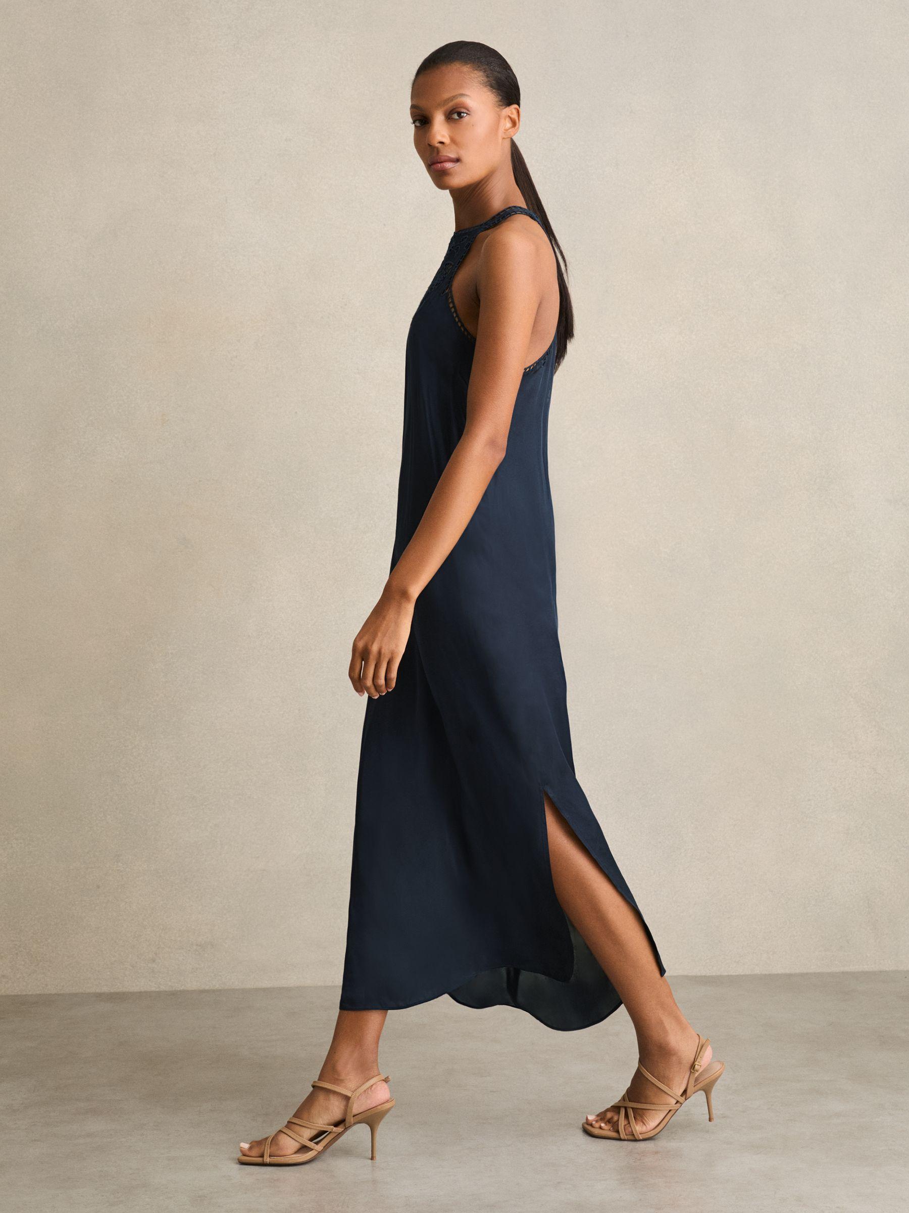 Satin Cut-Out Slip Dress in Navy Product Image