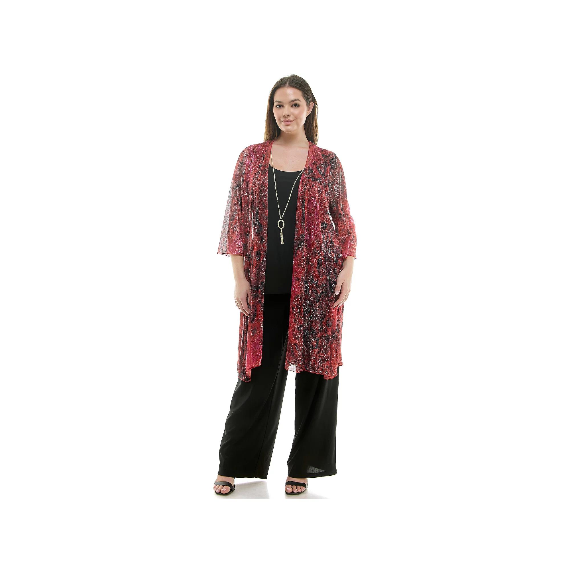 Plus Size Luxology 3-Piece Shimmer Cardigan, Tank Top & Straight Leg Pants Set, Women's, Size: 3XL, Black Burg Red Product Image