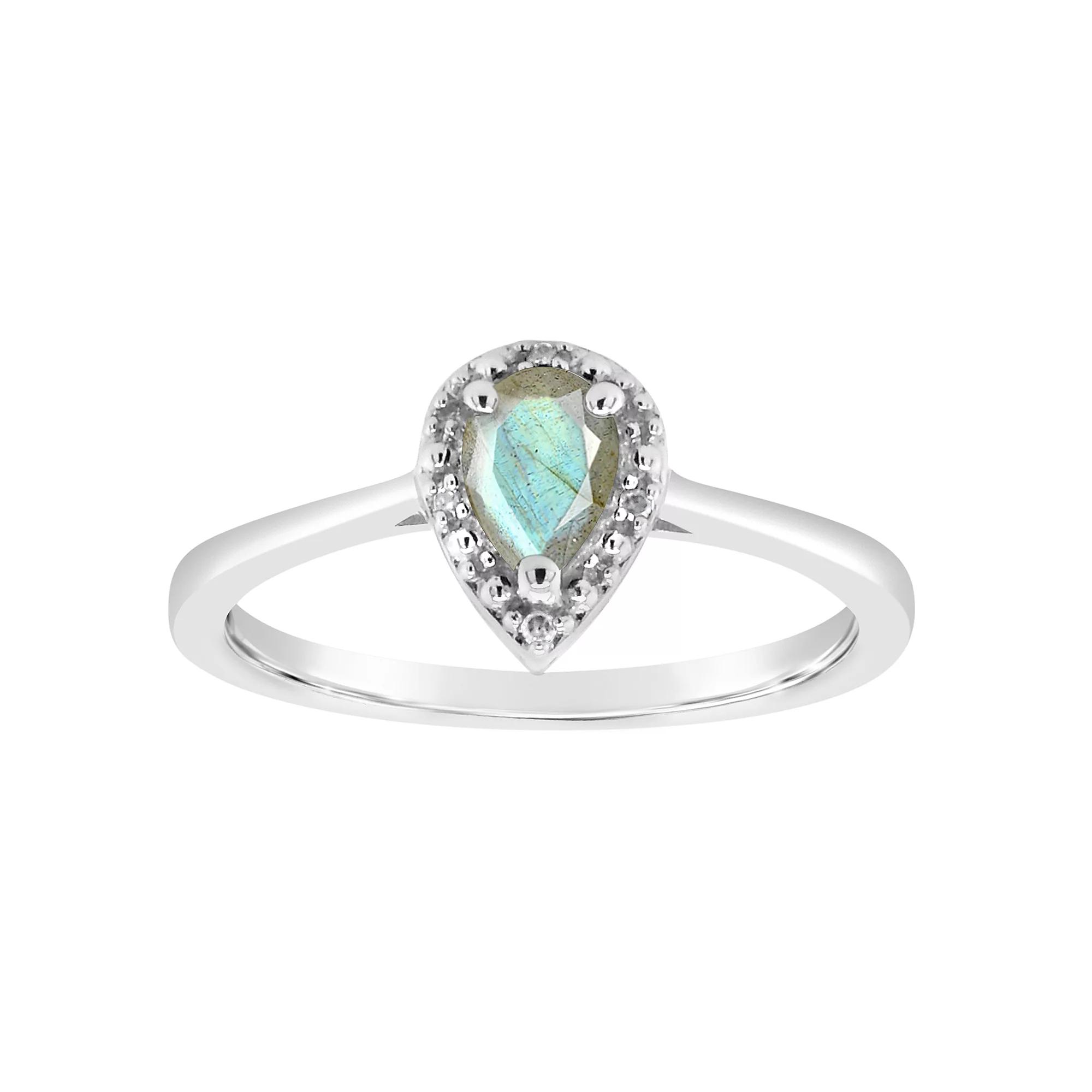 Celebration Gems Sterling Silver 6 mm x 4 mm Pear Shaped Labradorite & Diamond Accent Halo Ring, Women's,  Product Image