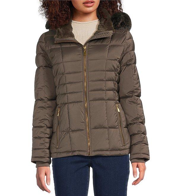 Donna Karan Faux Fur Trim Hooded Stand Collar Short Puffer Coat Product Image
