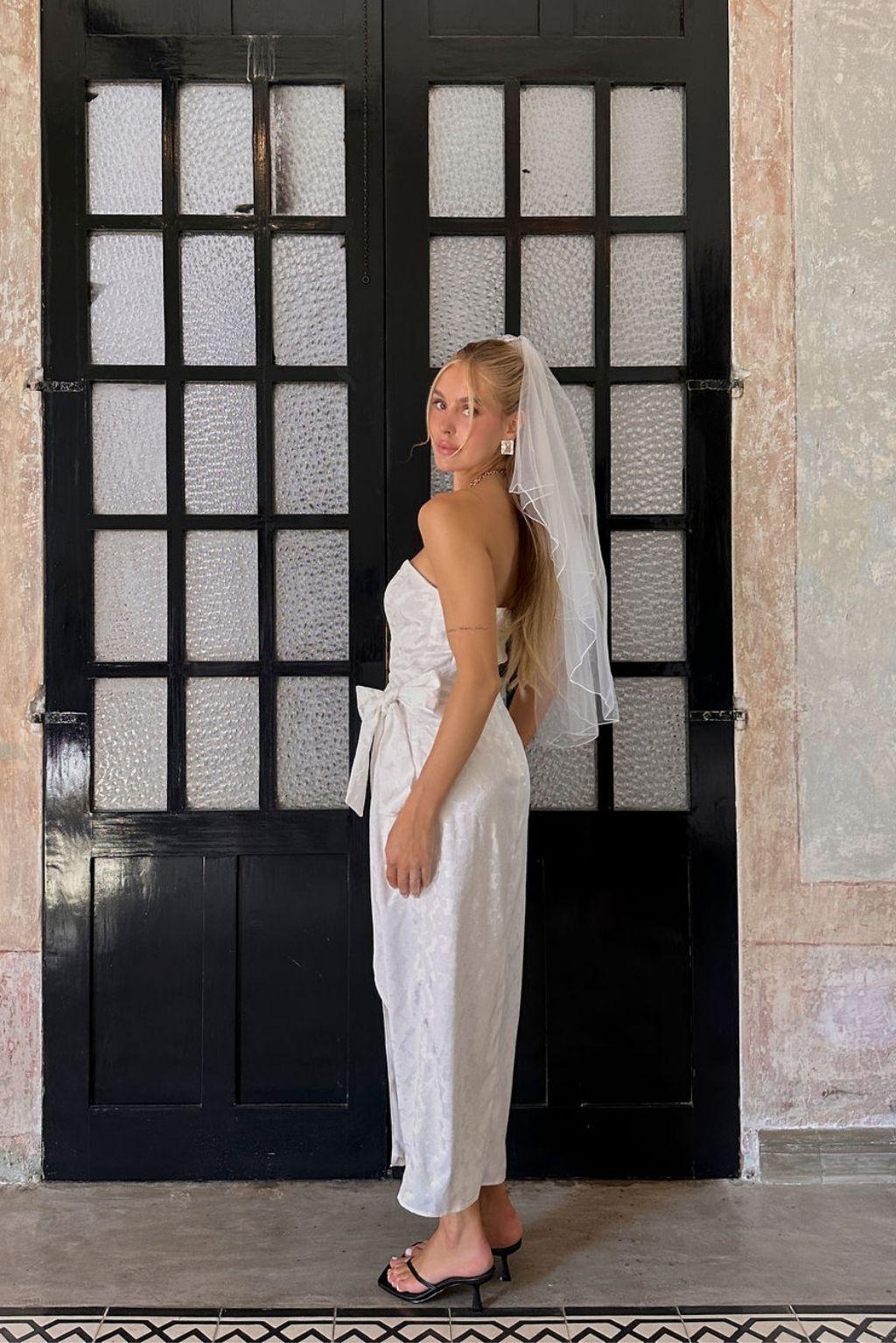 Brighton White Strapless Satin Wrap Dress Product Image