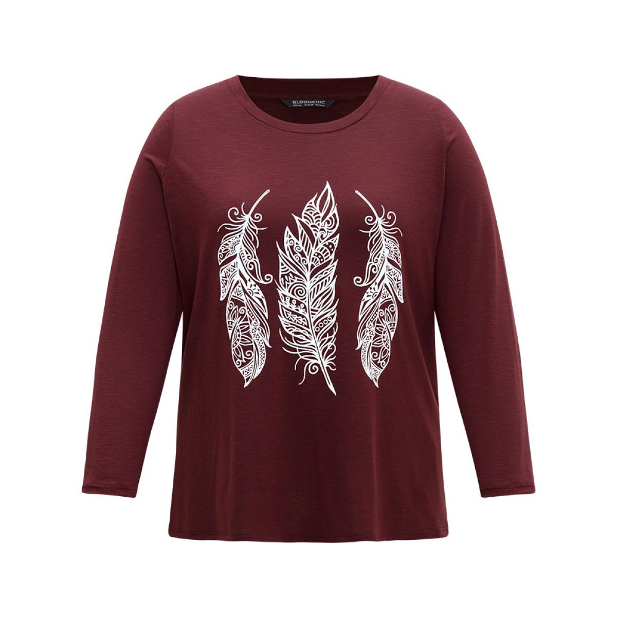 Plus Size Feather Print Round Neck T-shirt Burgundy Women Casual Printed Art&design Dailywear T-shirts BloomChic 22-24/3X Product Image