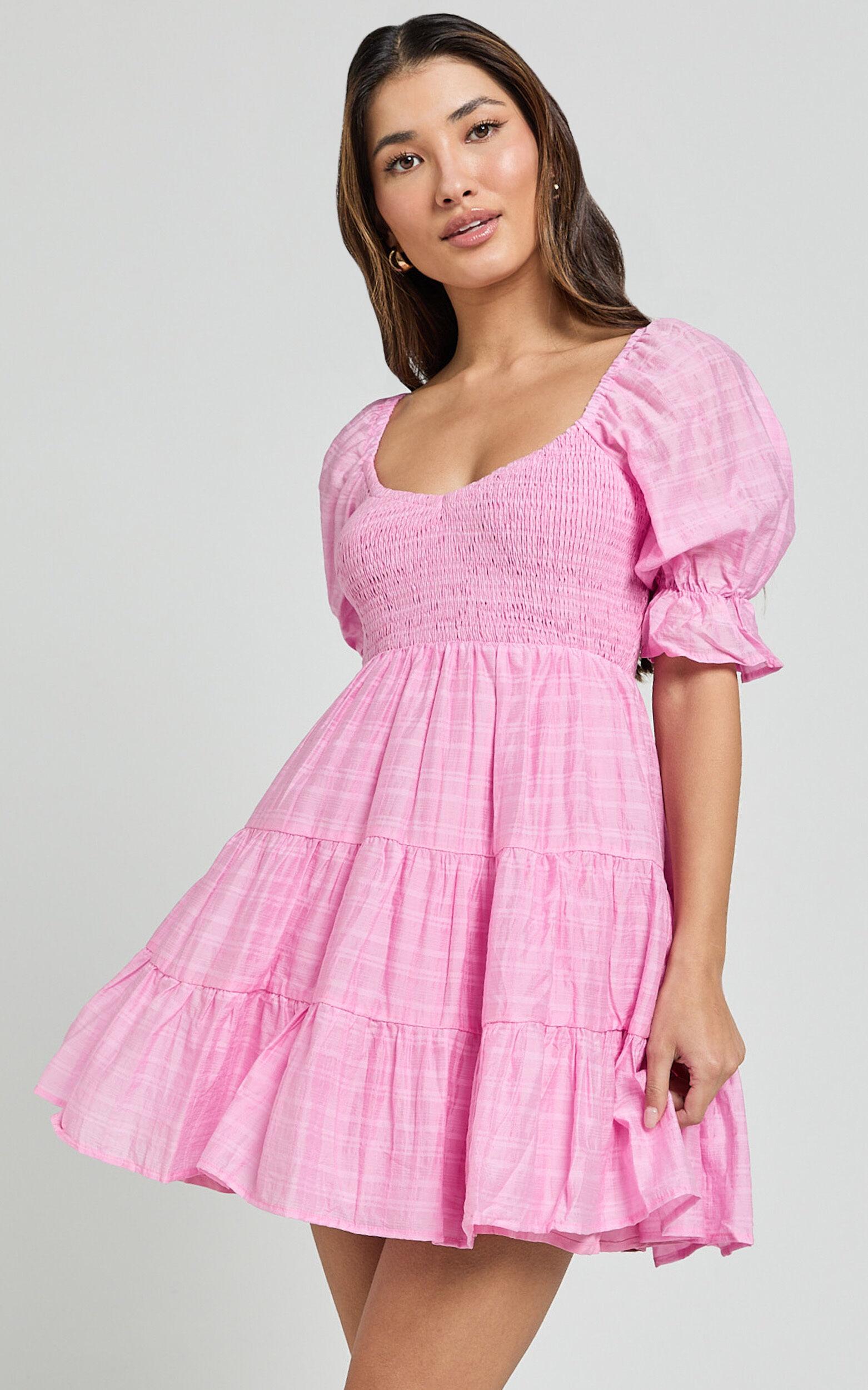 Britany Mini Dress - Shirred Puff Sleeve Tiered Dress in Pink Product Image