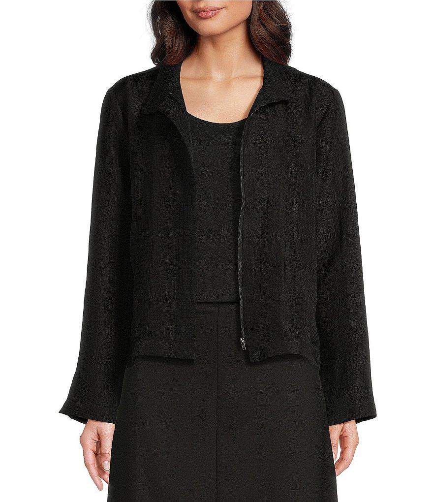 Eileen Fisher Silk Linen-Blend Stand Collar Long Sleeve Pocketed Boxy Fit Jacket Product Image